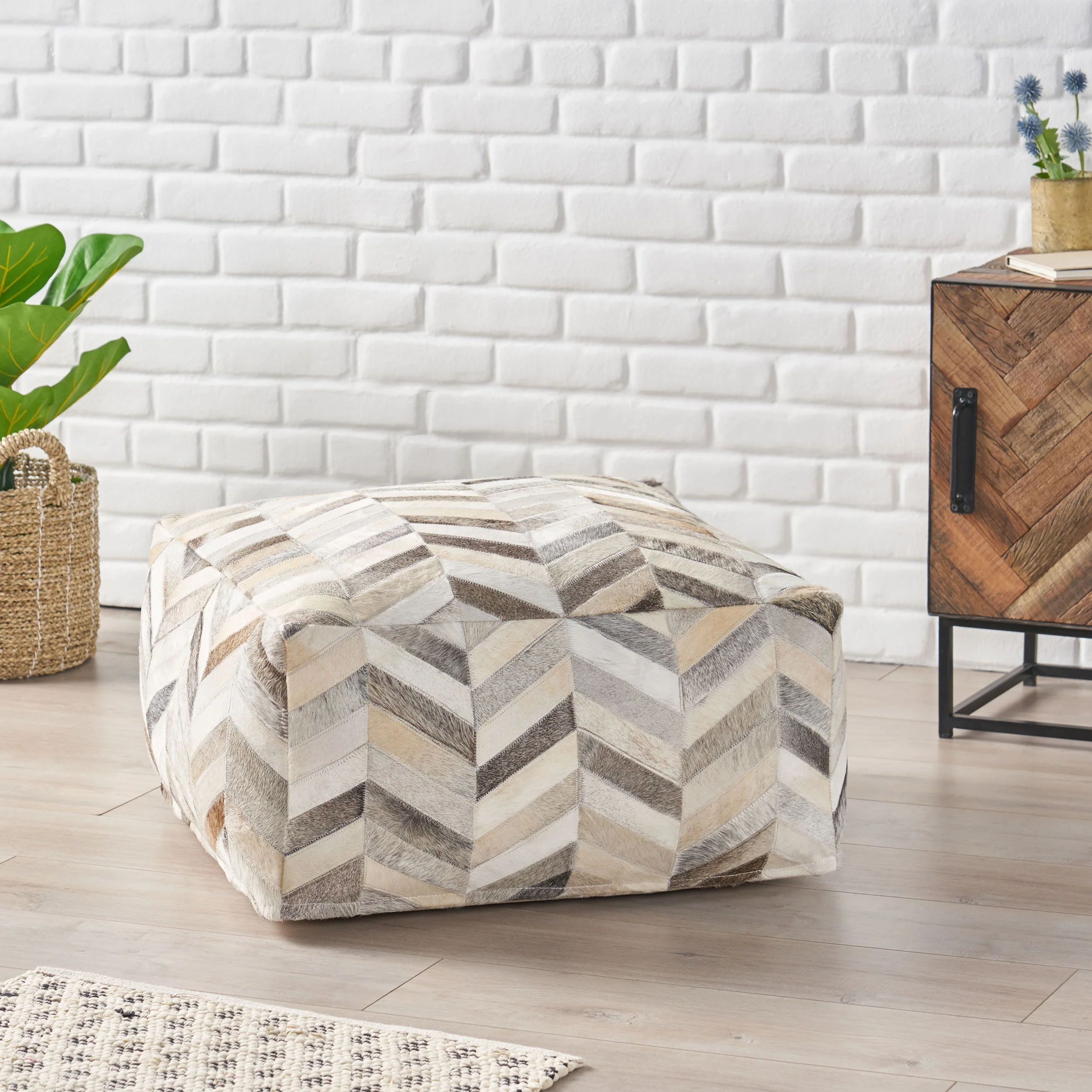 Zagan Handcrafted Boho Cowhide Pouf - furnishings