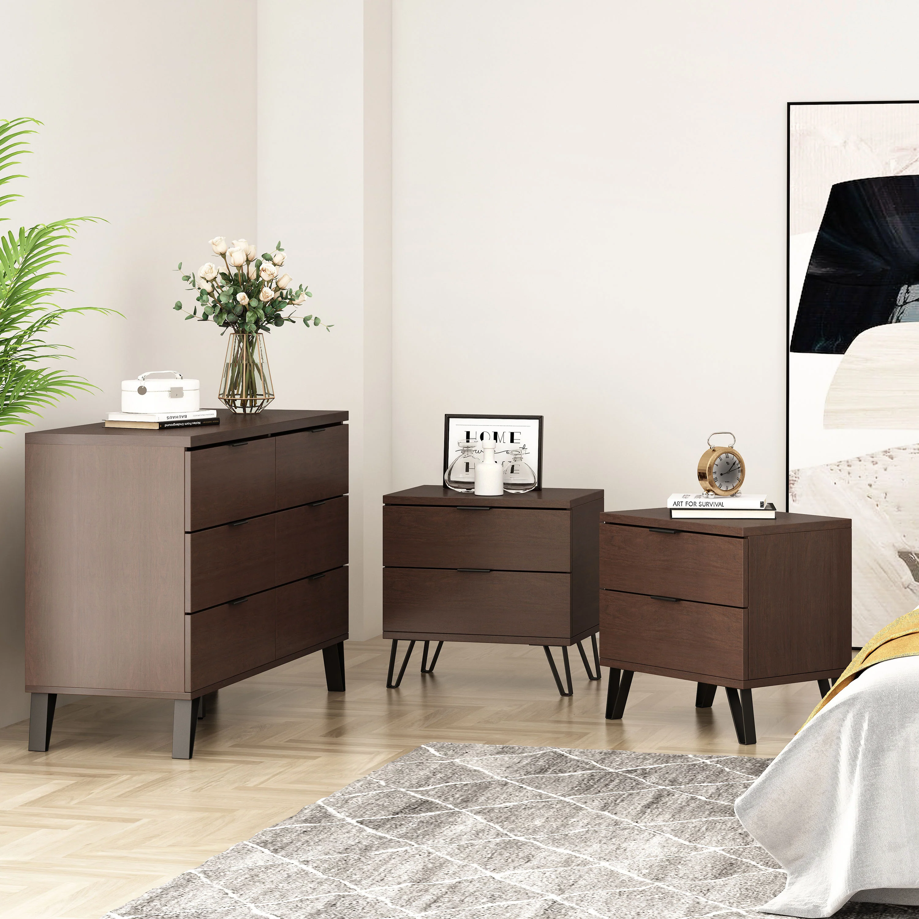 Demijen Modern Industrial 3 Piece Double Dresser and Nightstand Bedroom Set, Walnut and Matte Black - furnishings