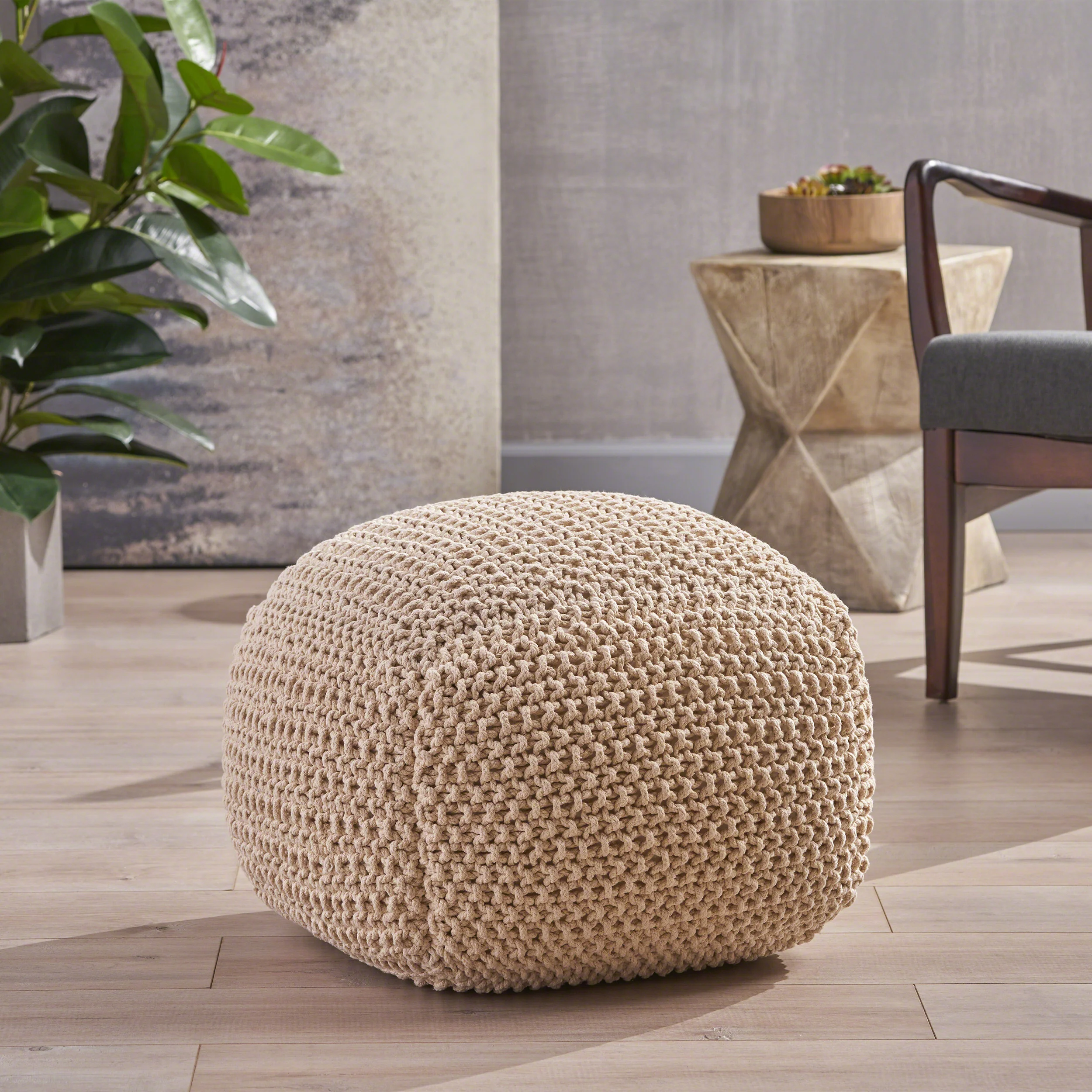 Knox Modern Boho Hand-Knitted Cotton Thread Pouf Foot Stool - furnishings