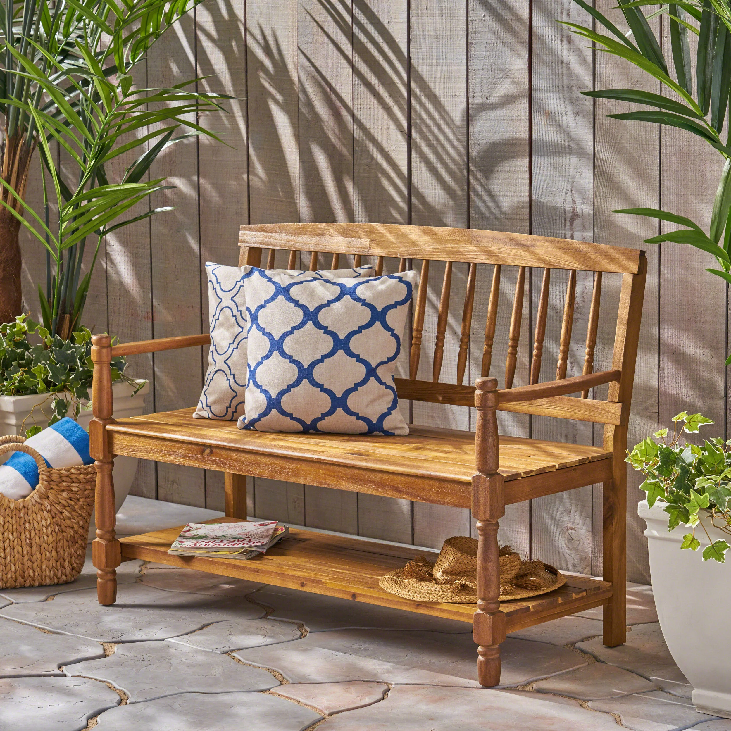 Kuhn Outdoor Acacia Wood Bench with Shelf - furnishings