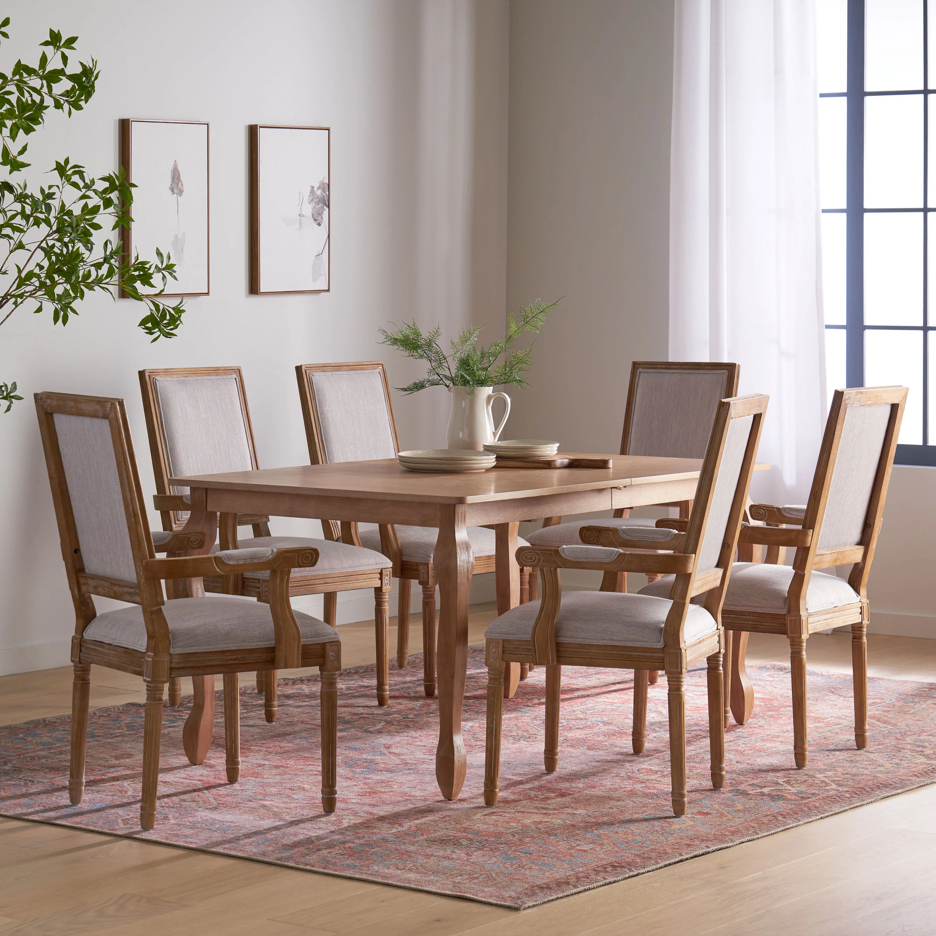 Regan French Country Fabric Upholstered Wood Expandable 7 Piece Dining Set - furnishings