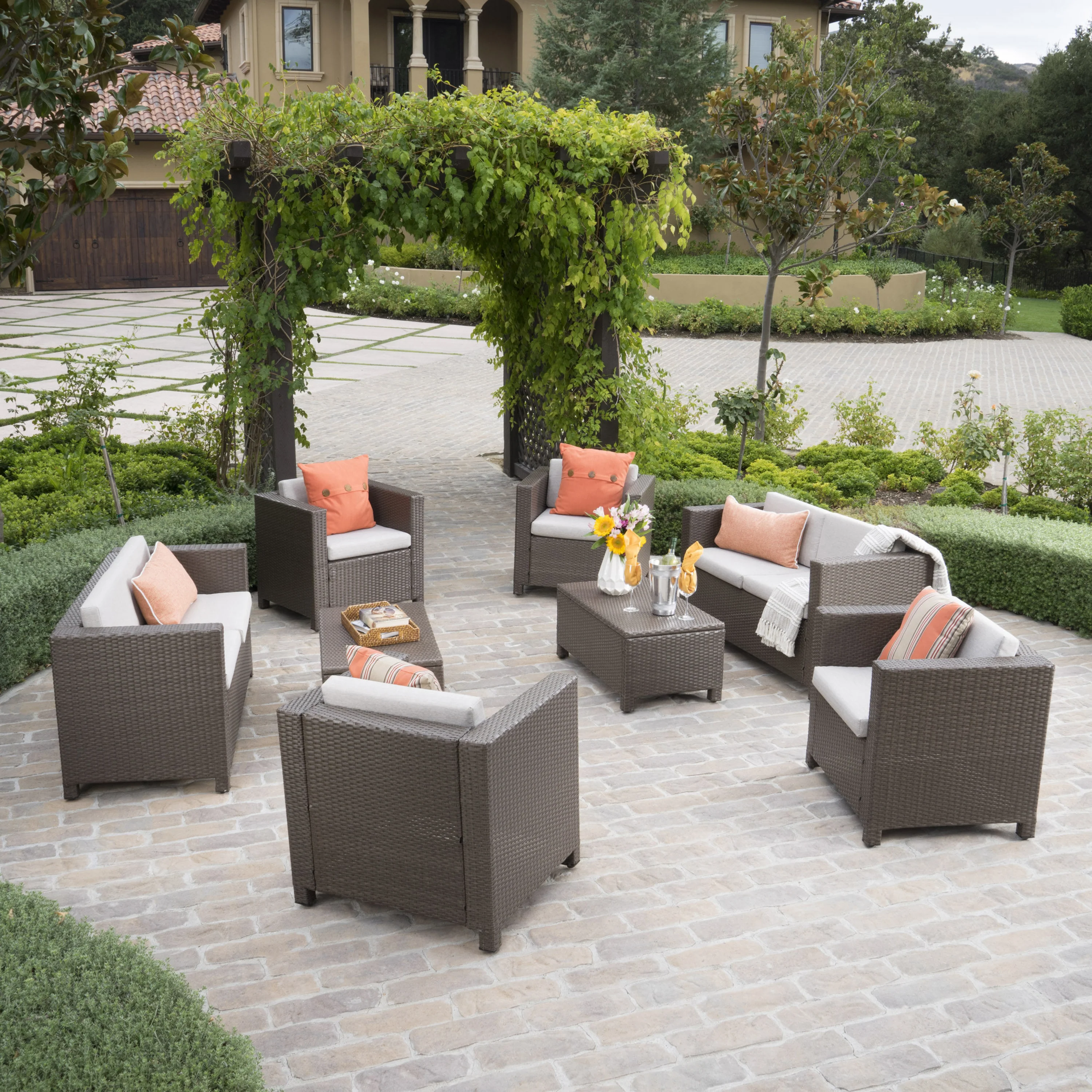 Feronia Outdoor 8 Pc Wicker Chat Set w/ Water Resistant Cushions - furnishings