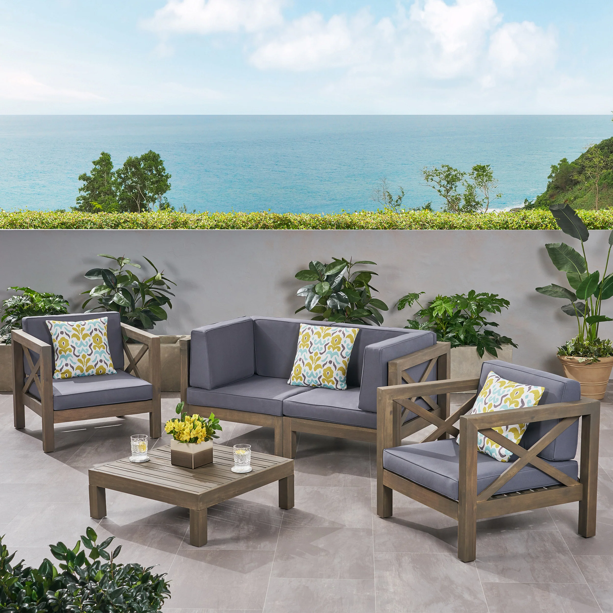 Morgan Outdoor 4 Seater Acacia Wood Loveseat Chat Set - furnishings