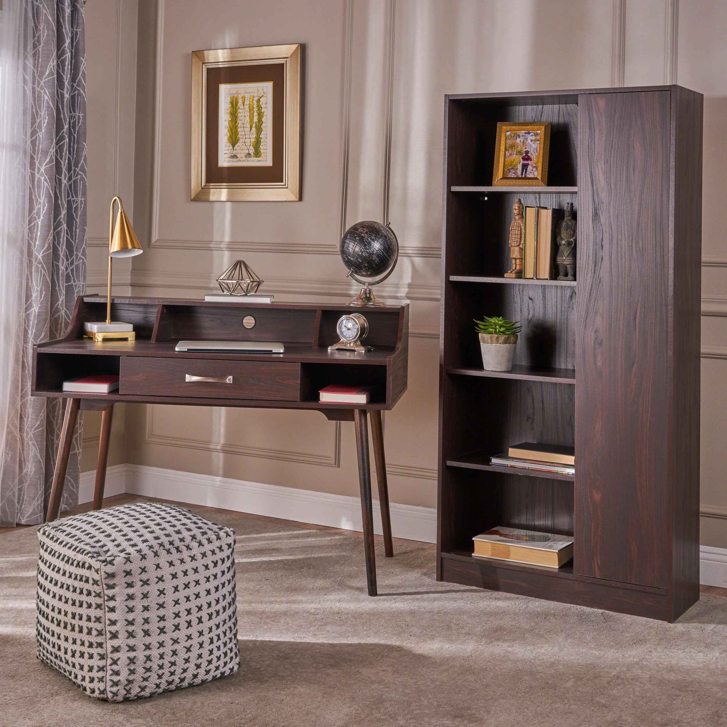 Belinda Mid Century Modern Office Desk And Bookcase Set - furnishings