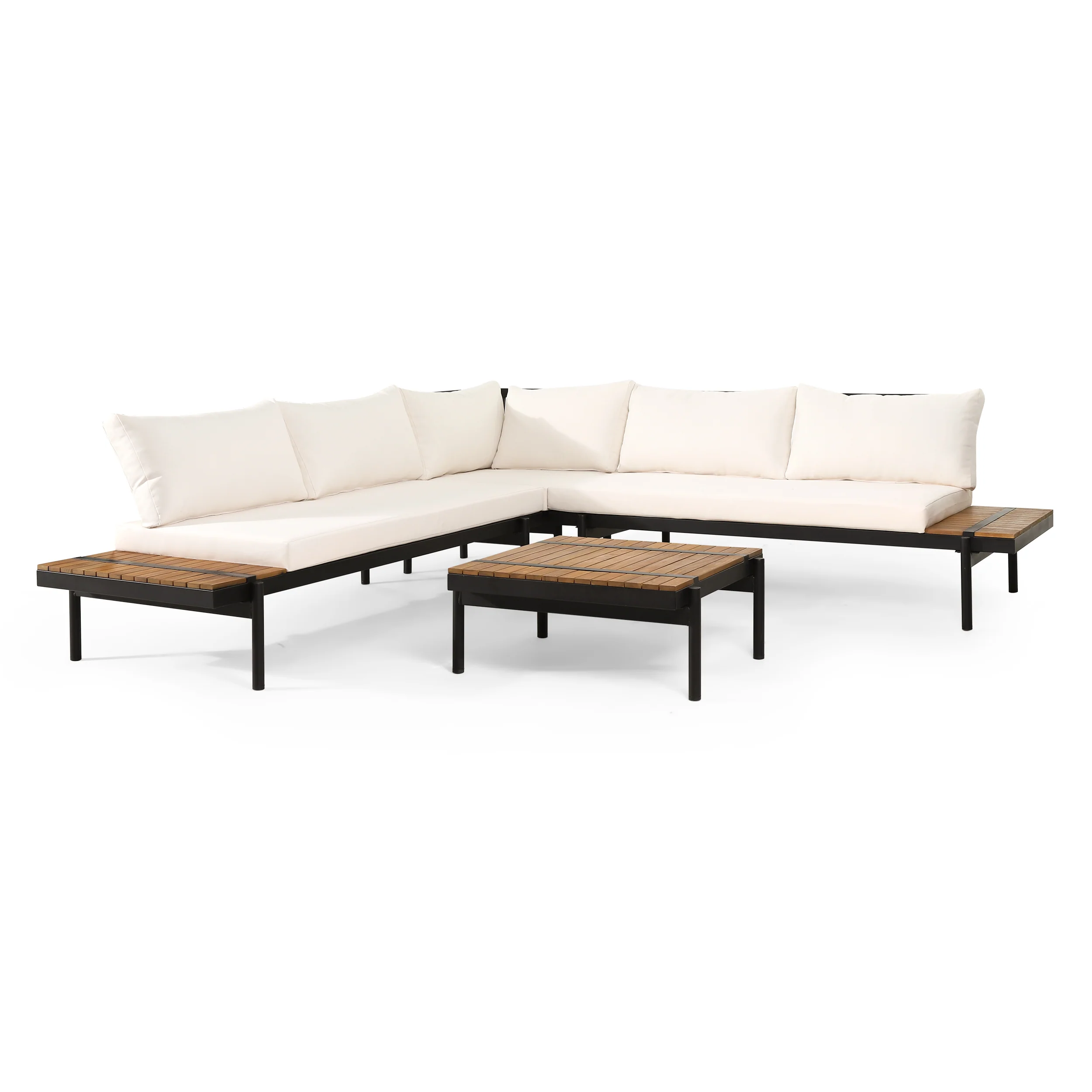 Cody Outdoor Acacia Wood 5 Seater Sectional Sofa Set with Water Resistant Cushions, Teak, Black, and Cream - furnishings