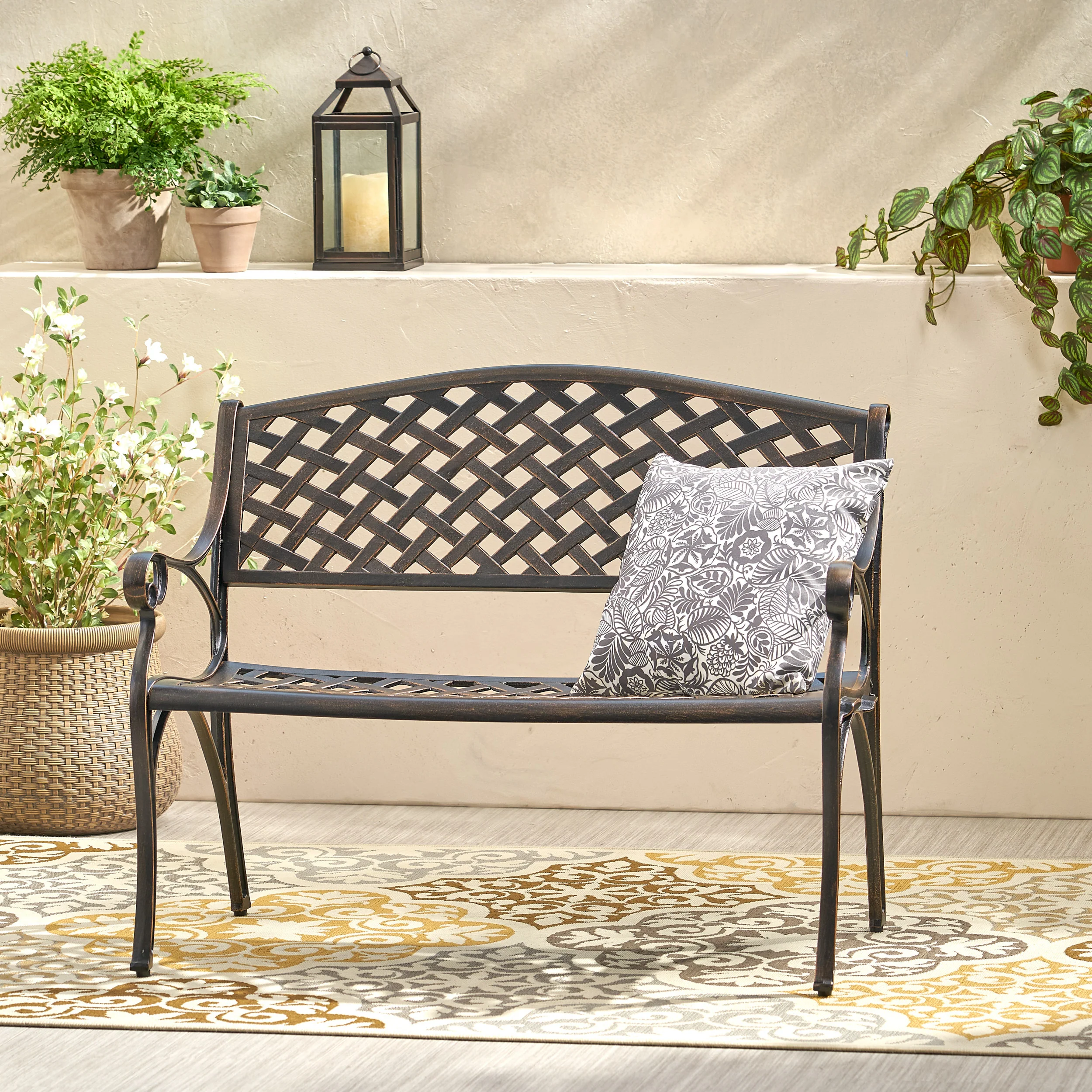 Eastwood Traditional Mesh Pattern Antique Copper Cast Aluminum Bench - furnishings