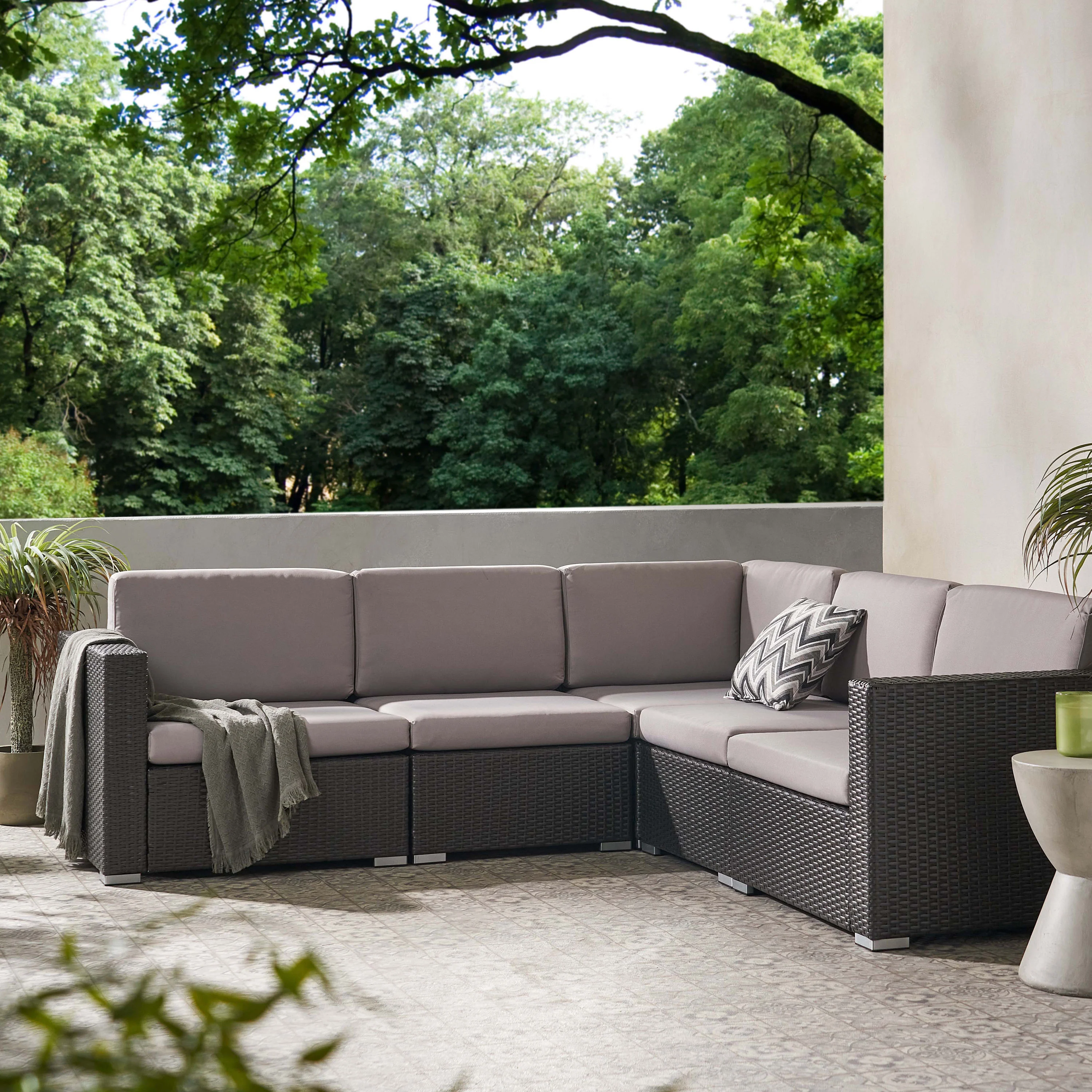 Avianna Outdoor Wicker 5 Seater V-Shaped Sectional Sofa Set with Cushions - furnishings