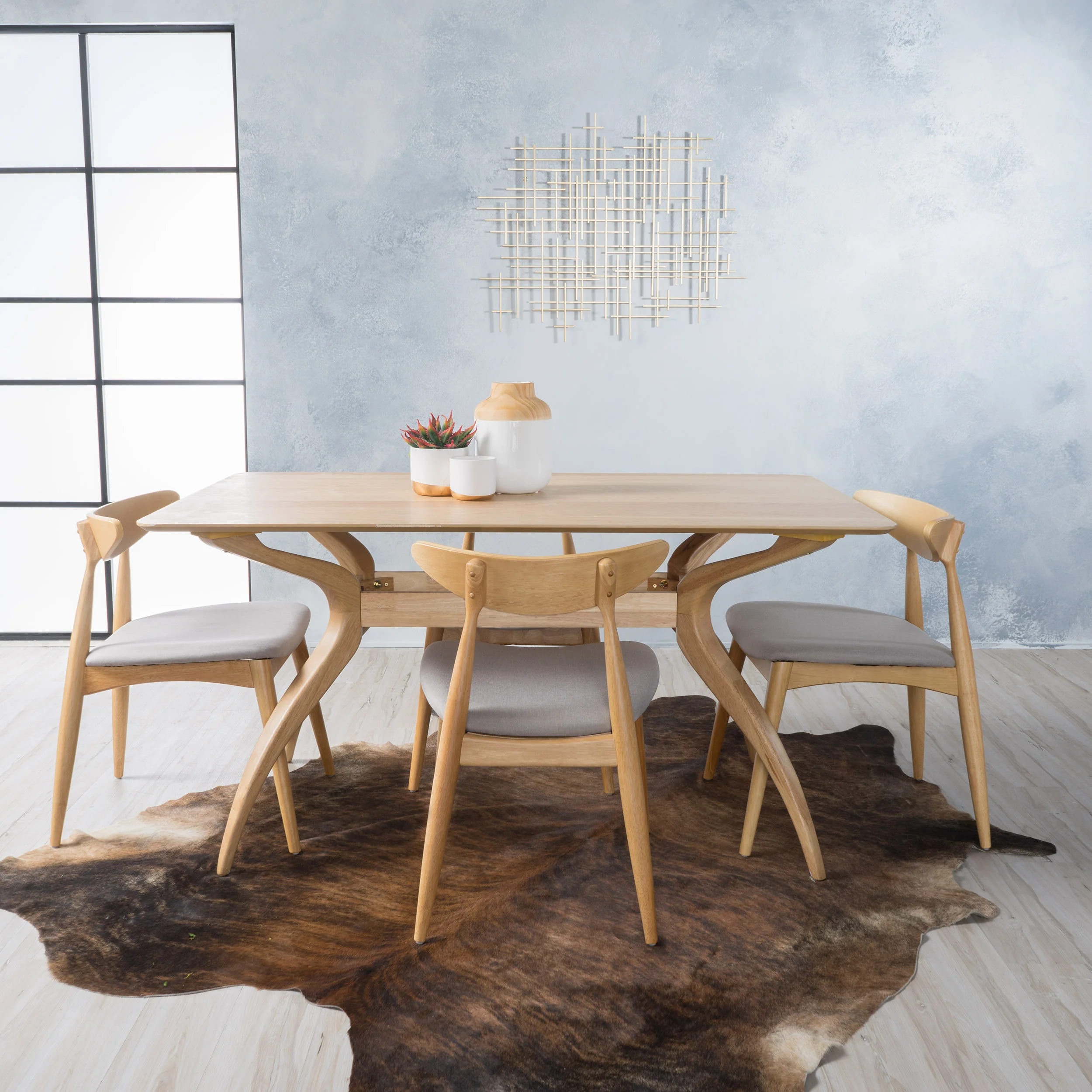 Issaic Mid-Century Modern 5-Piece Fabric Upholstered Dining Set w/ Wood Frame - furnishings