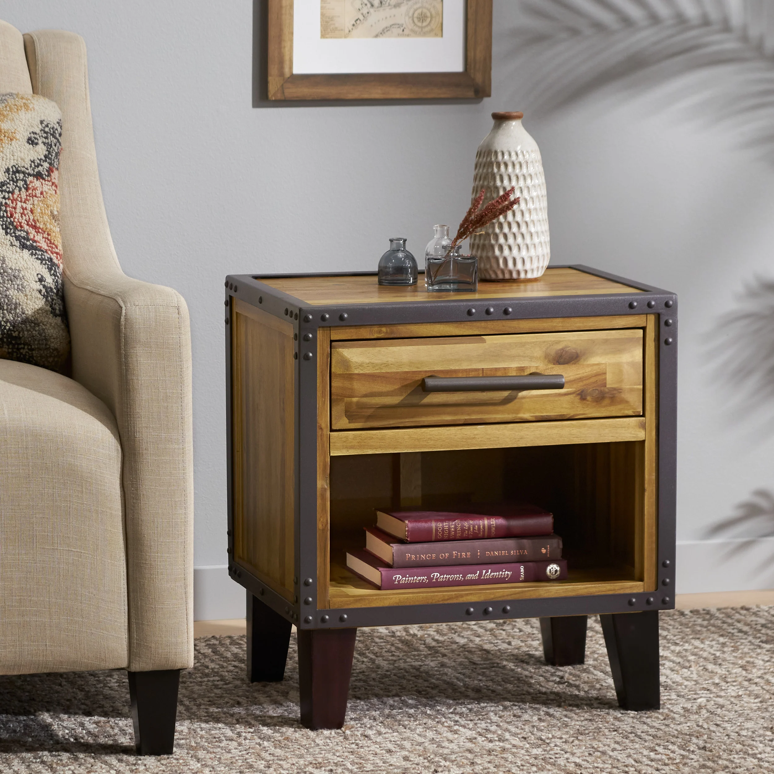 Glendora Industrial Solid Wood Single Drawer End Table Nightstand - furnishings