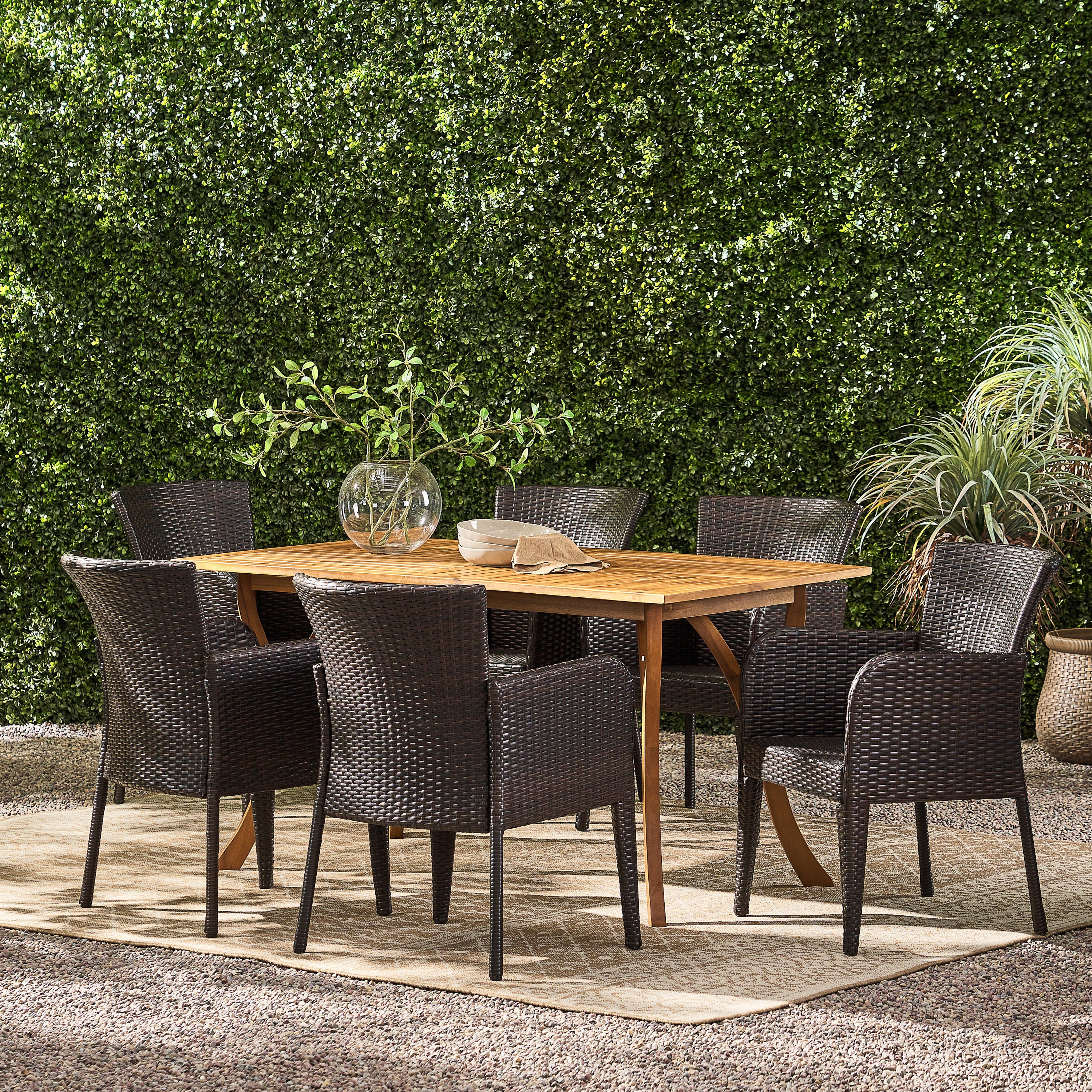 Helton Outdoor 7-Piece Multi-Brown Wicker Dining Set with Teak Acacia Wood Table - furnishings