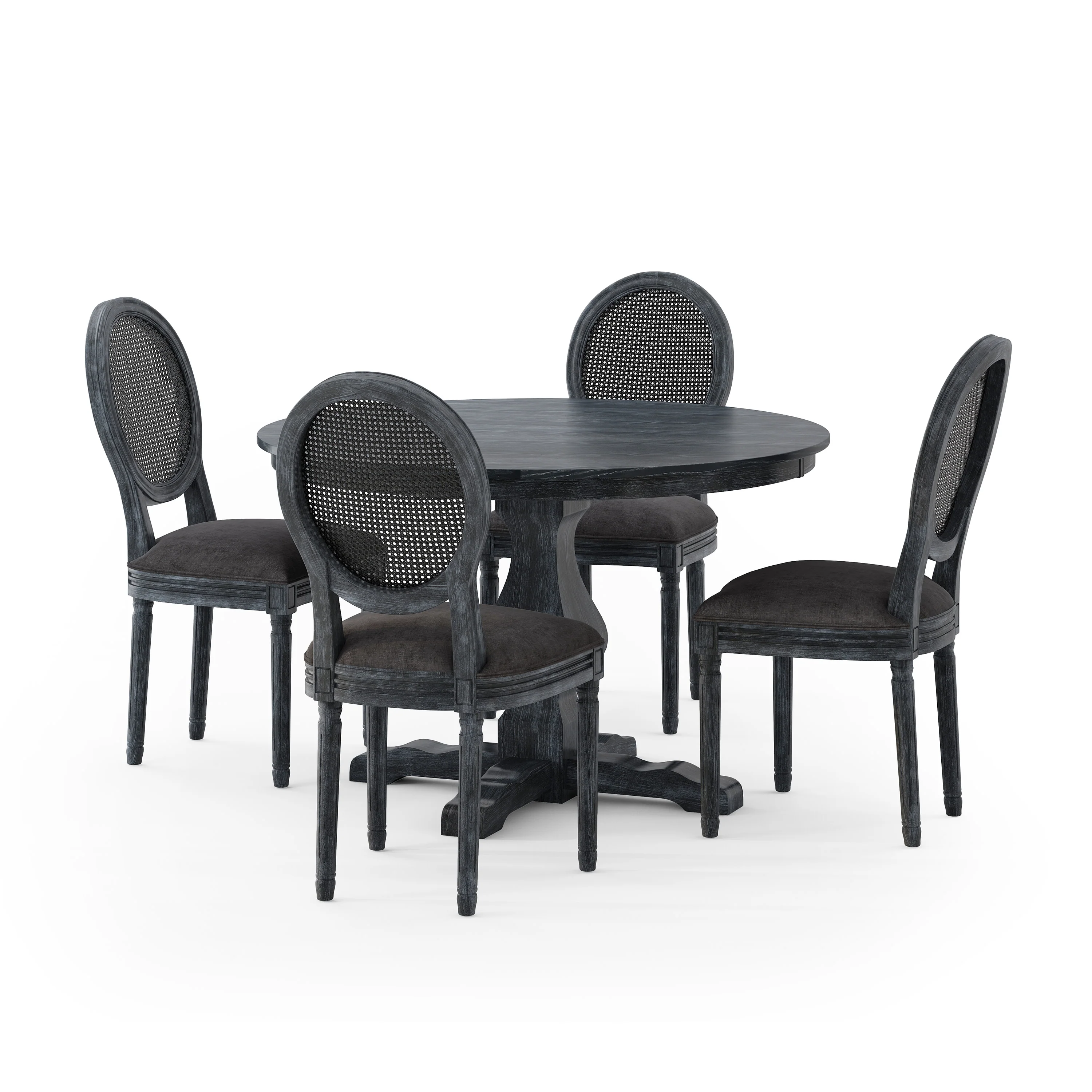 Mores French Country Upholstered Wood and Rattan 5 Piece Circular Dining Set - furnishings
