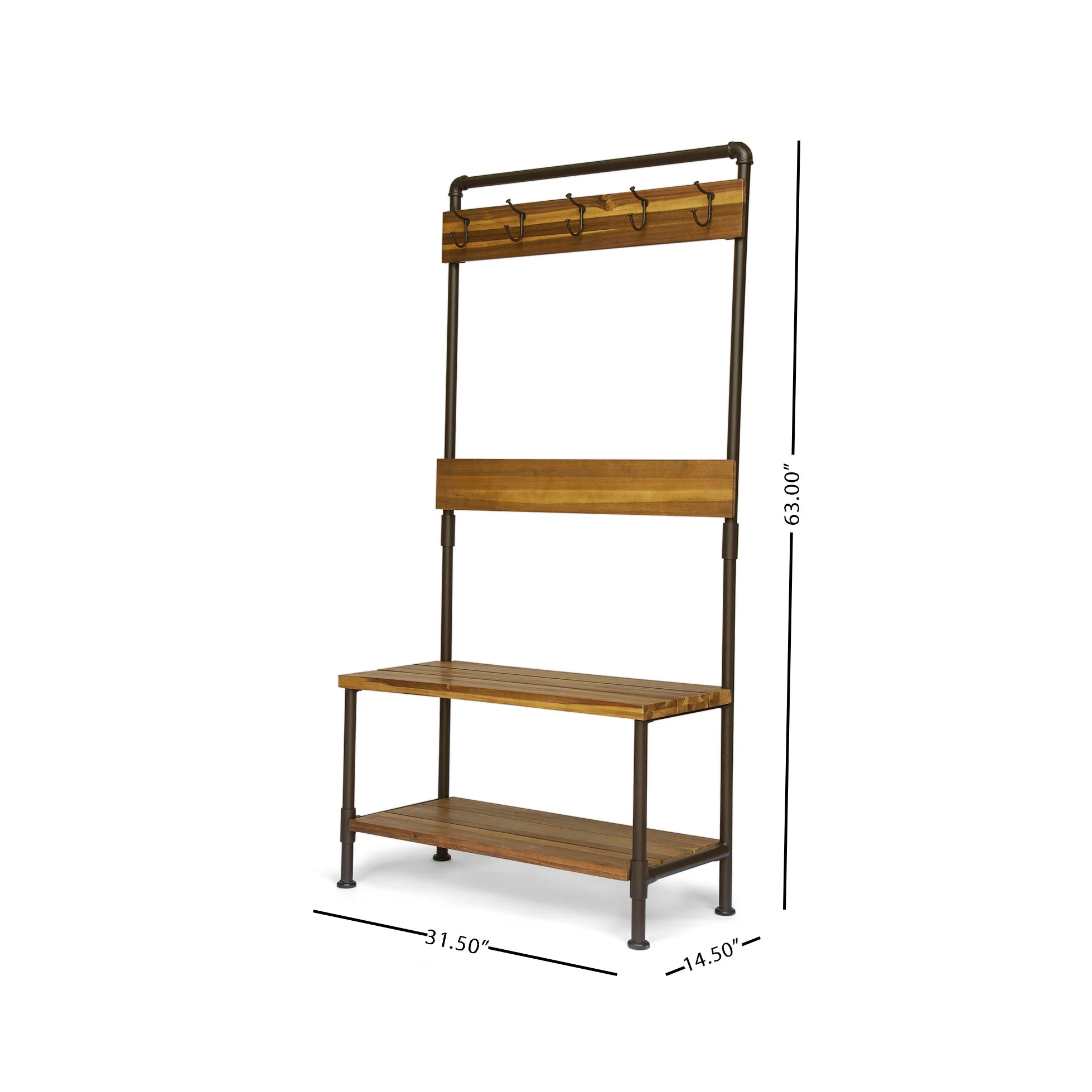 Dahl Outdoor Industrial Acacia and Iron Bench with Shelf and Coat Hooks - furnishings