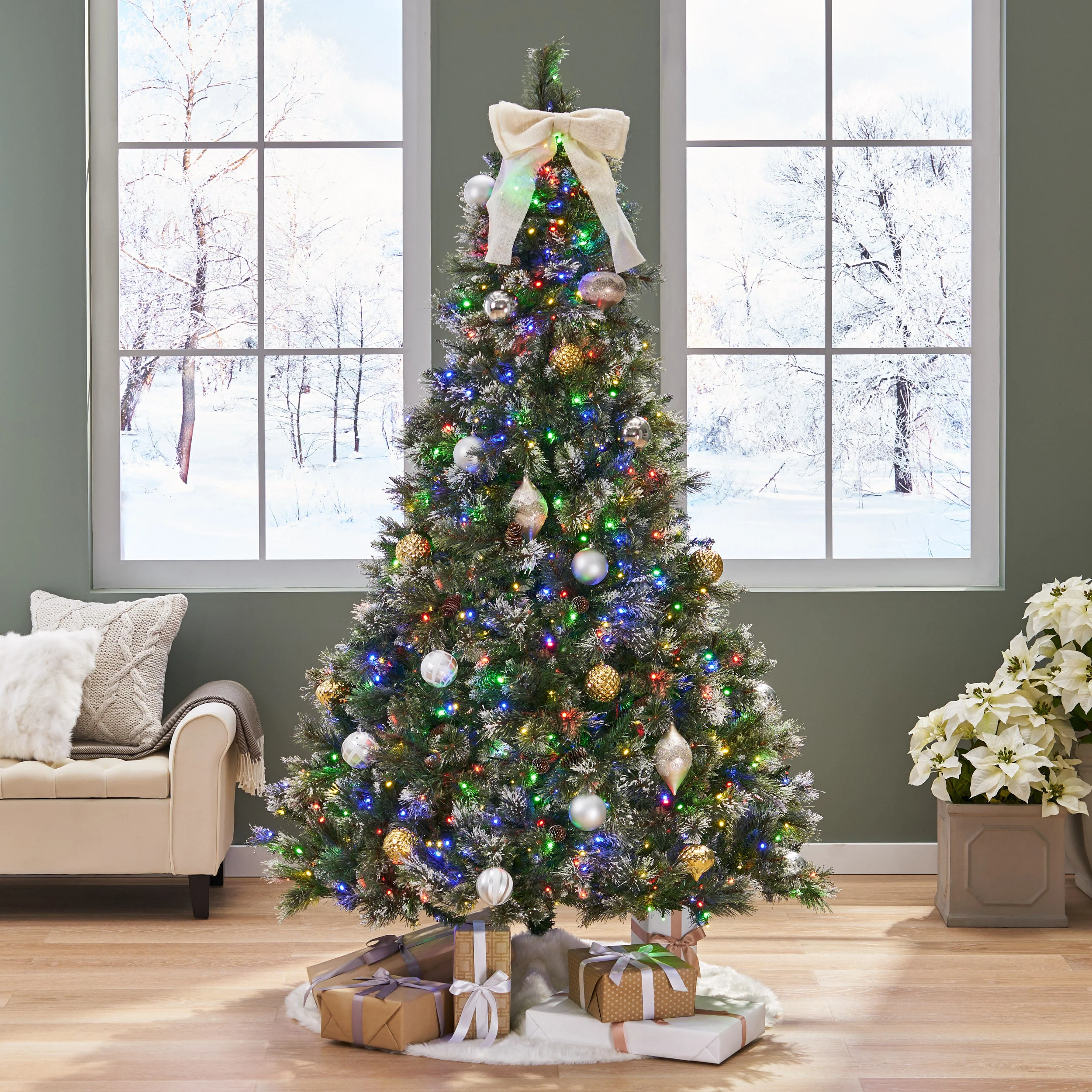 7-foot Cashmere Pine and Mixed Needles Pre-Lit Clear LED Hinged Artificial Christmas Tree with Snow and Glitter Branches and Frosted Pinecones - furnishings