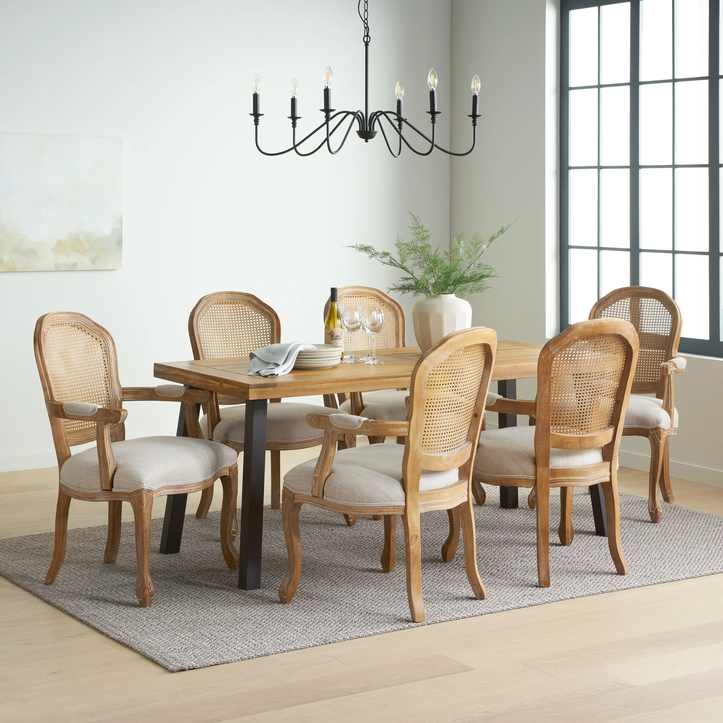 Aldrich Farmhouse Fabric Upholstered Wood and Cane 7 Piece Dining Set - furnishings