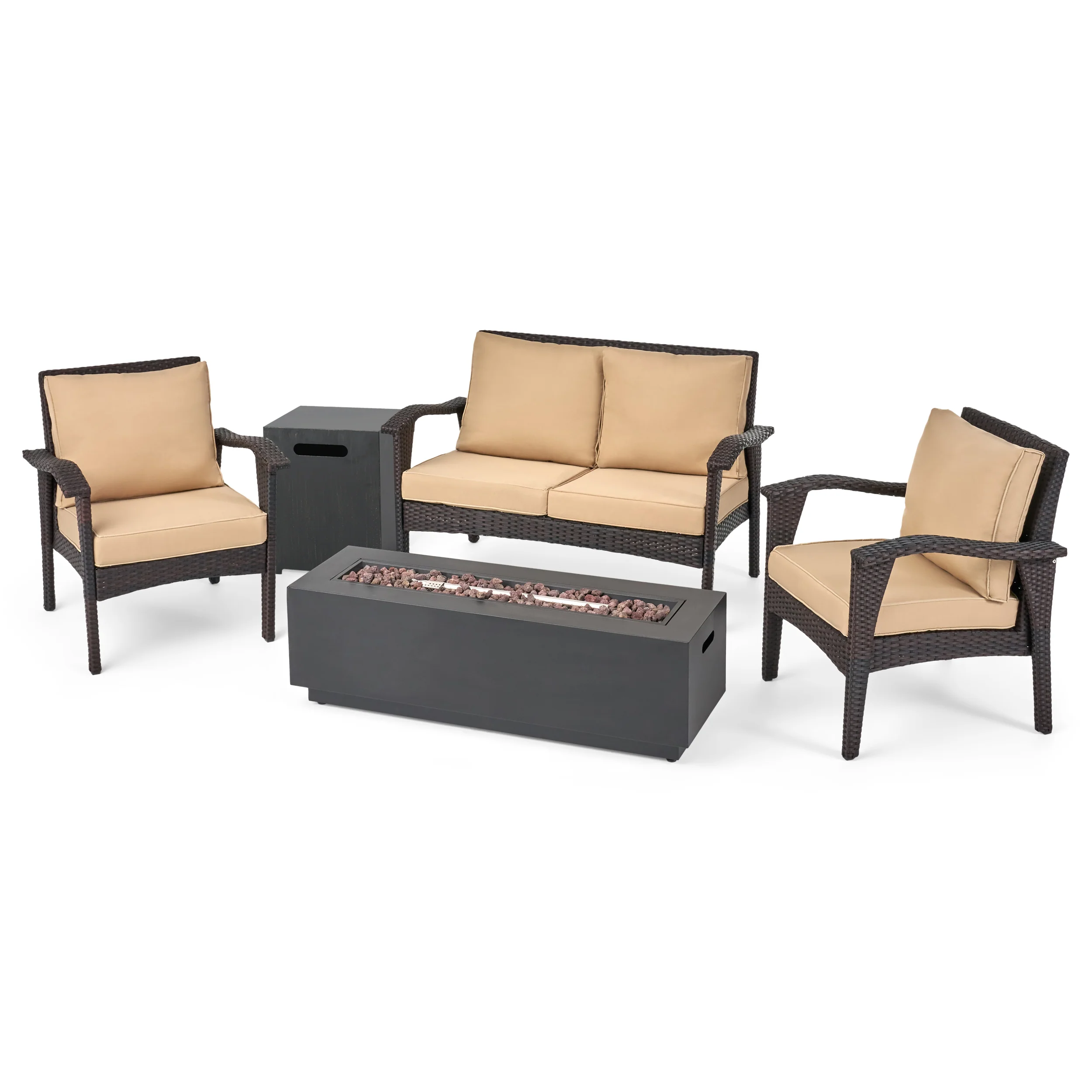 Azariyah Outdoor 4 Seater Wicker Chat Set with Fire Pit - furnishings