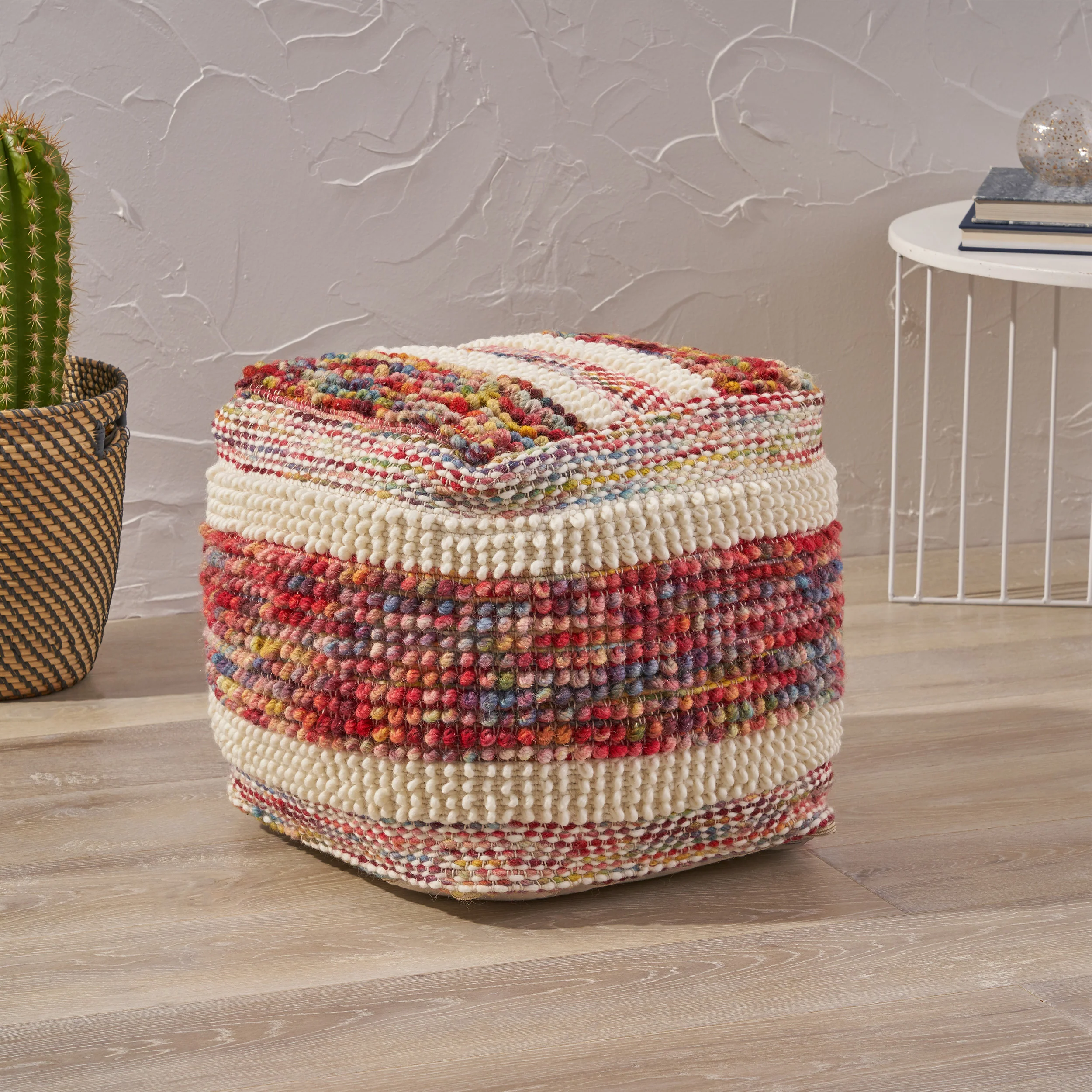 Trevin Boho Wool and Cotton Ottoman Pouf - furnishings