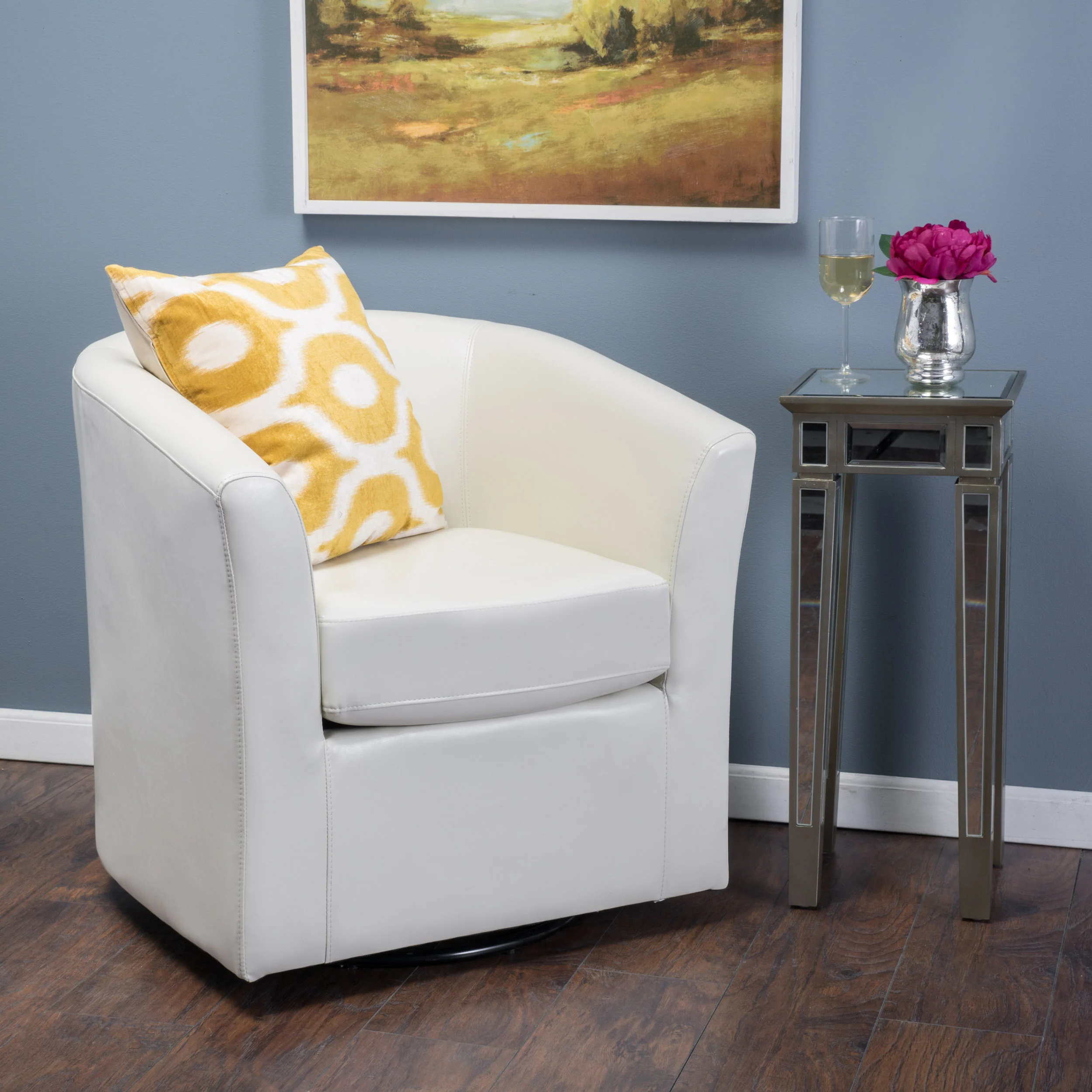 Corley Modern Upholstered Faux Leather Swivel Barrel Club Chair - furnishings