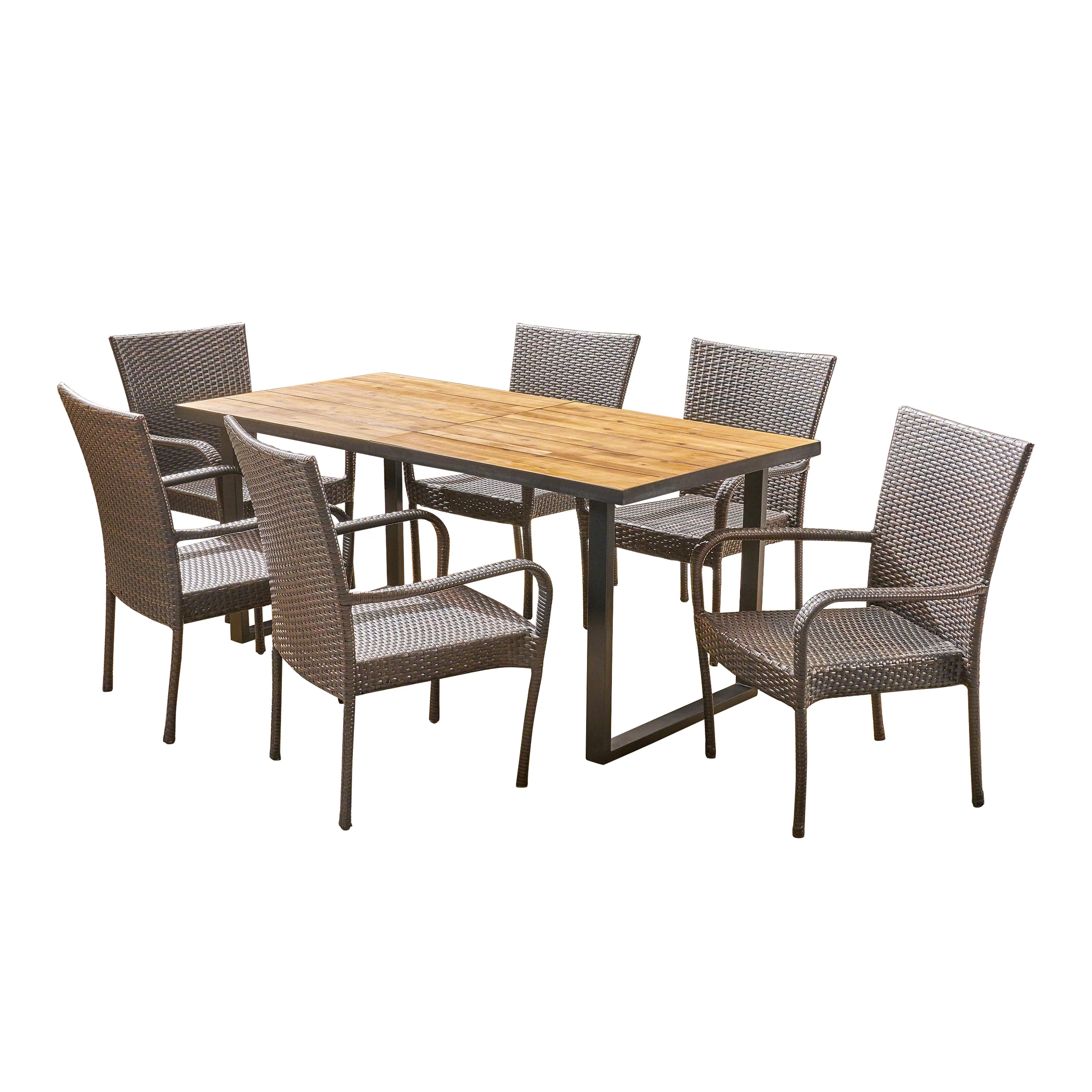 Fern Outdoor 6-Seater Rectangular Acacia Wood and Wicker Dining Set - furnishings