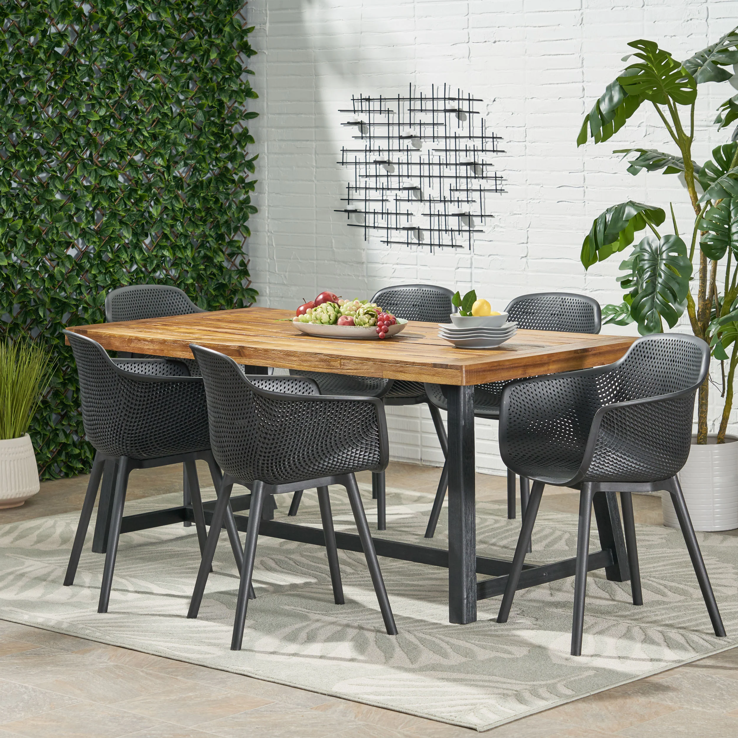 Trinity Outdoor Wood and Resin 7 Piece Dining Set, Black and Sandblasted Teak - furnishings