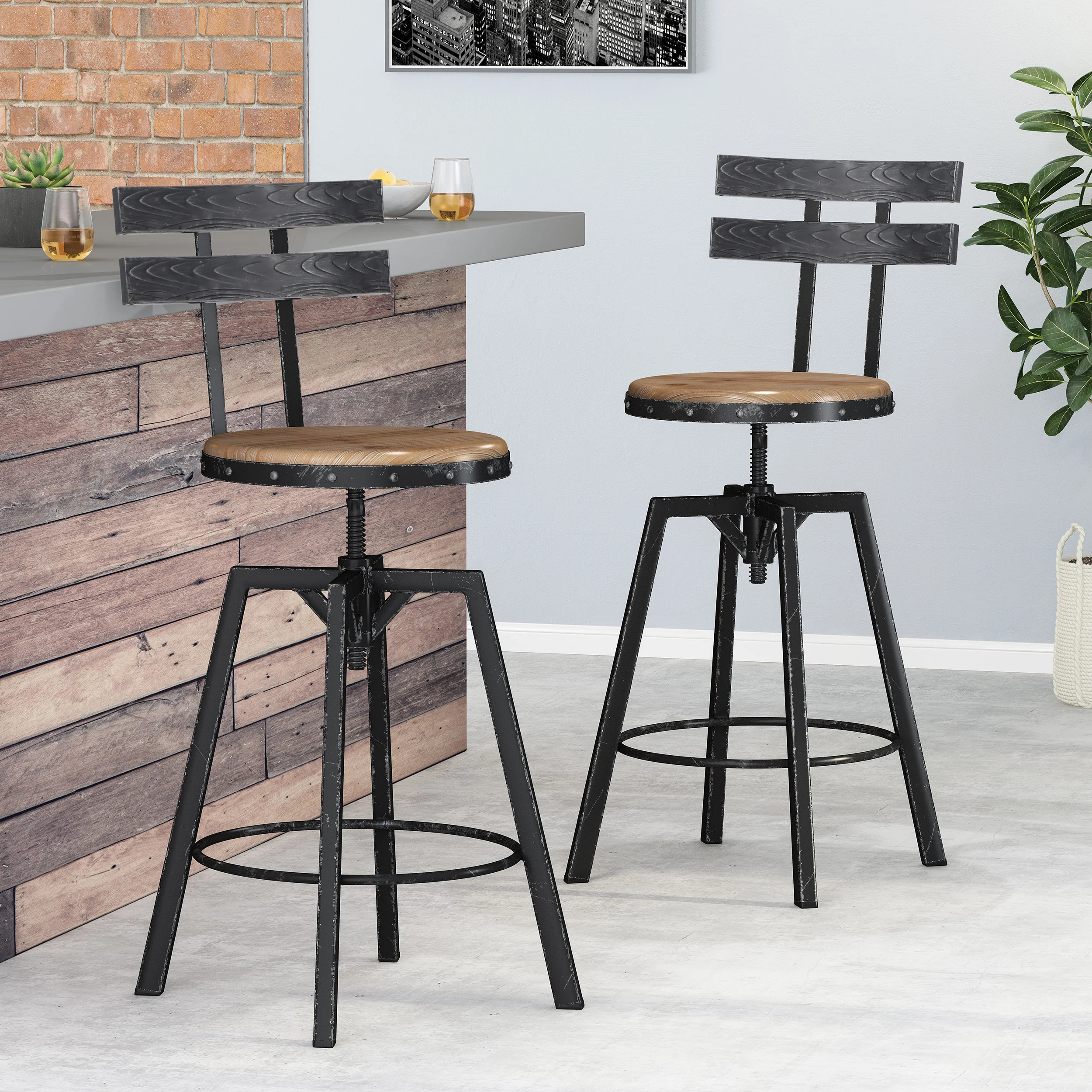 Theo Modern Industrial Firwood Adjustable Height Swivel Barstools, Set of 2, Natural and Black Brushed Silver - furnishings