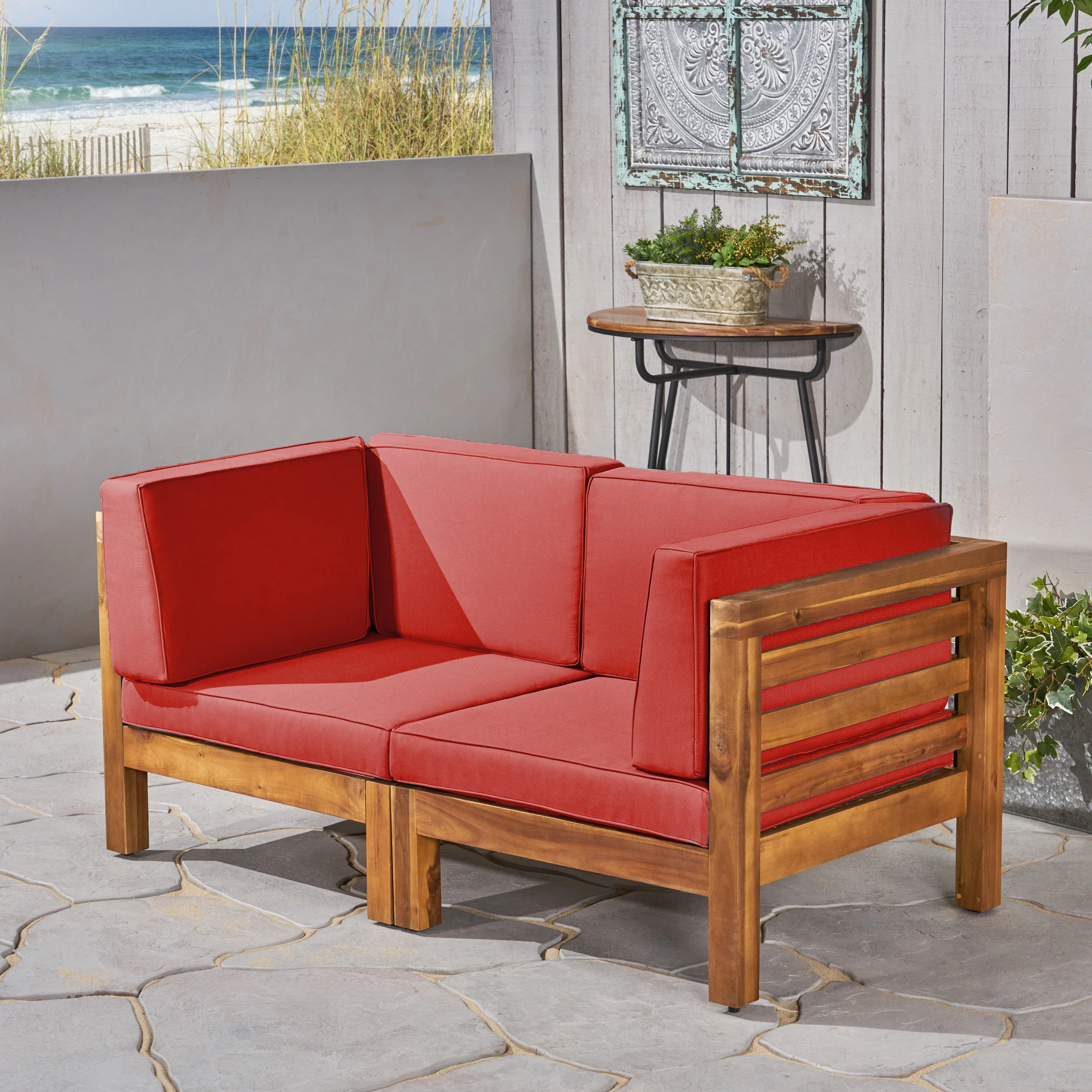 Dawson Outdoor 2-Seater Acacia Wood Sectional Loveseat Set with Cushions - furnishings