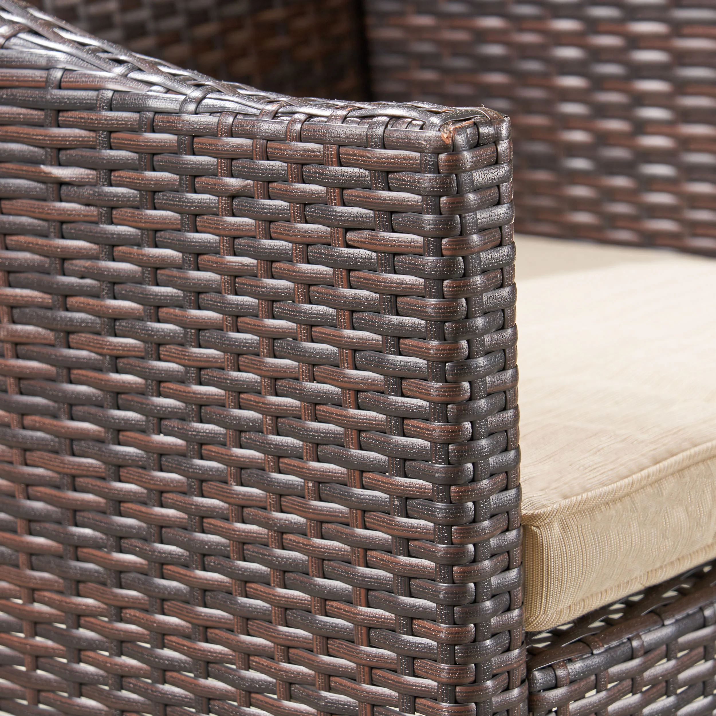 Kane Outdoor 6 Piece Dining Set with Wicker Chairs and Bench, Sandblast Teak and Multi Brown and Beige - furnishings
