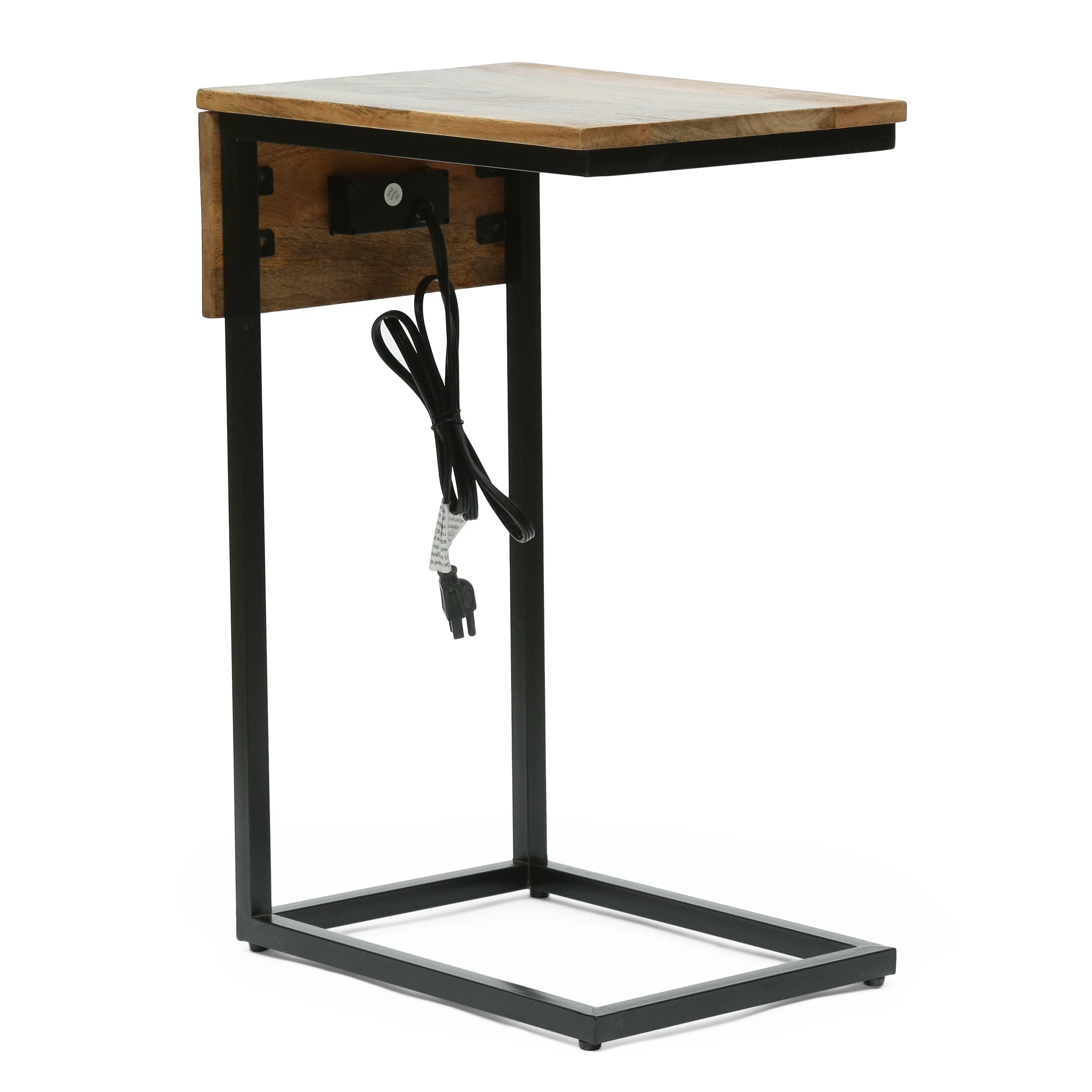 Giovanna Modern Industrial Handcrafted Mango Wood C-Shaped Side Table with Charging Port, Natural and Black - furnishings