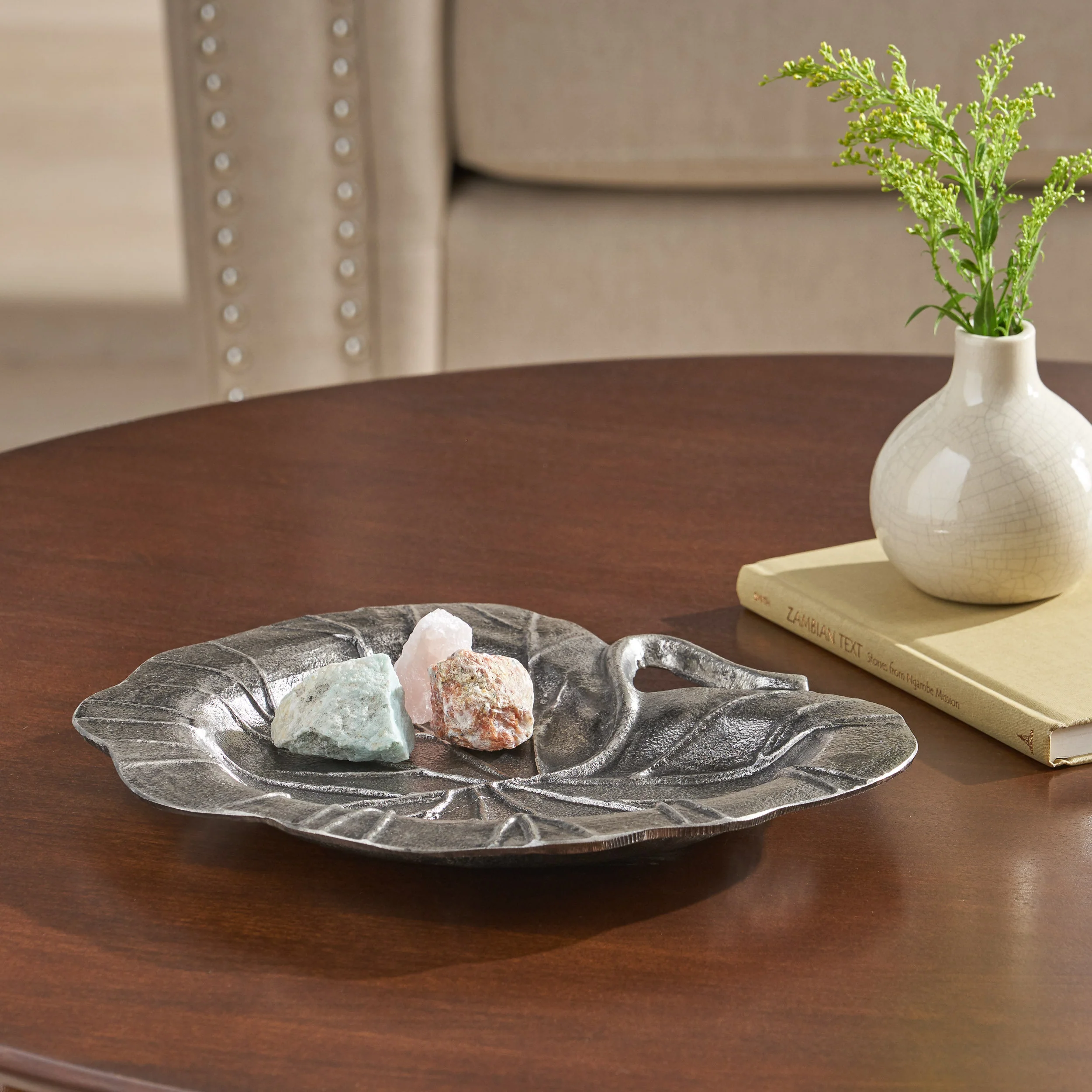 Verano Handcrafted Aluminum Decorative Leaf Plate, Antique Nickel - furnishings