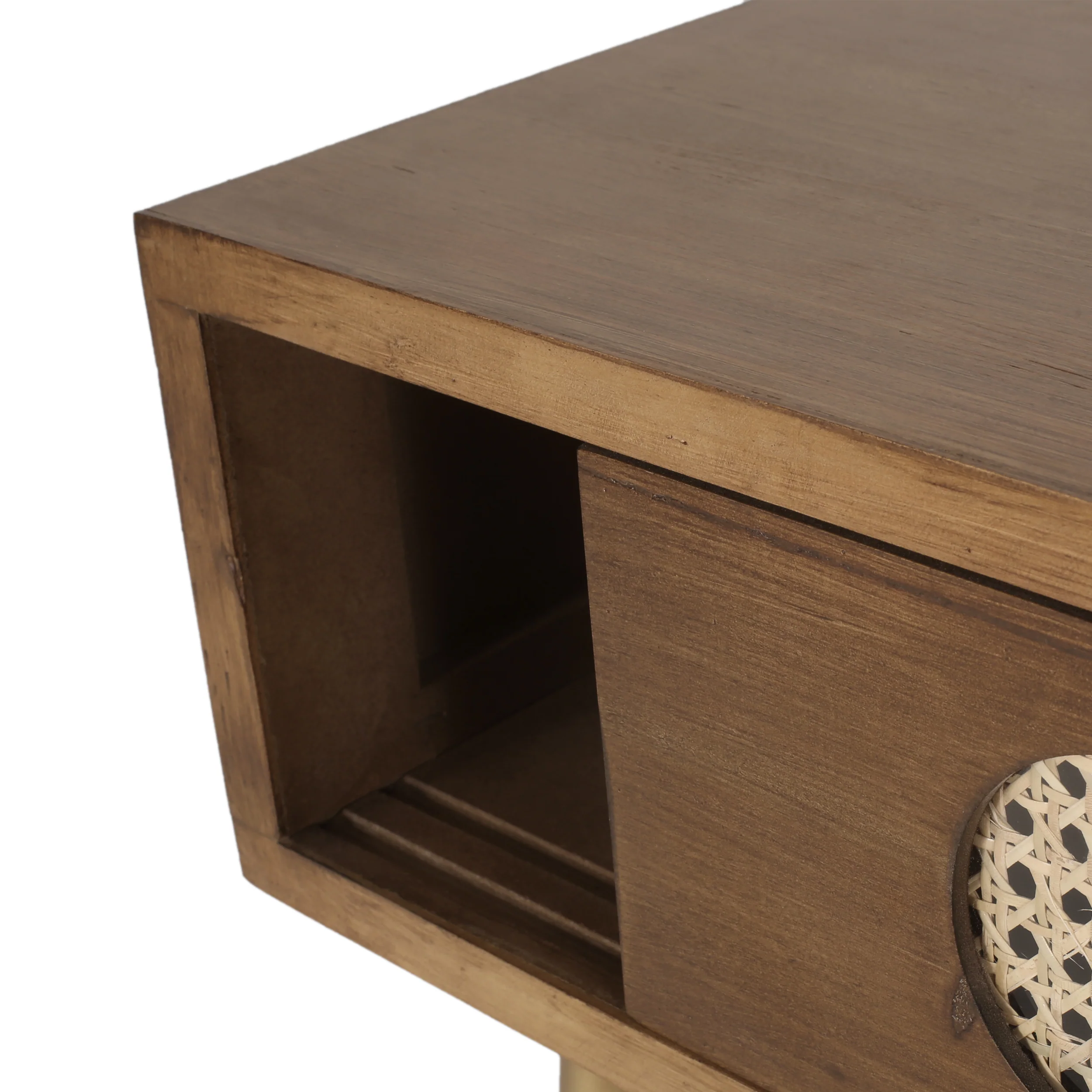 Alzada Rustic Glam Console Table with Wicker Accents, Walnut, Natural, and Antique Gold - furnishings