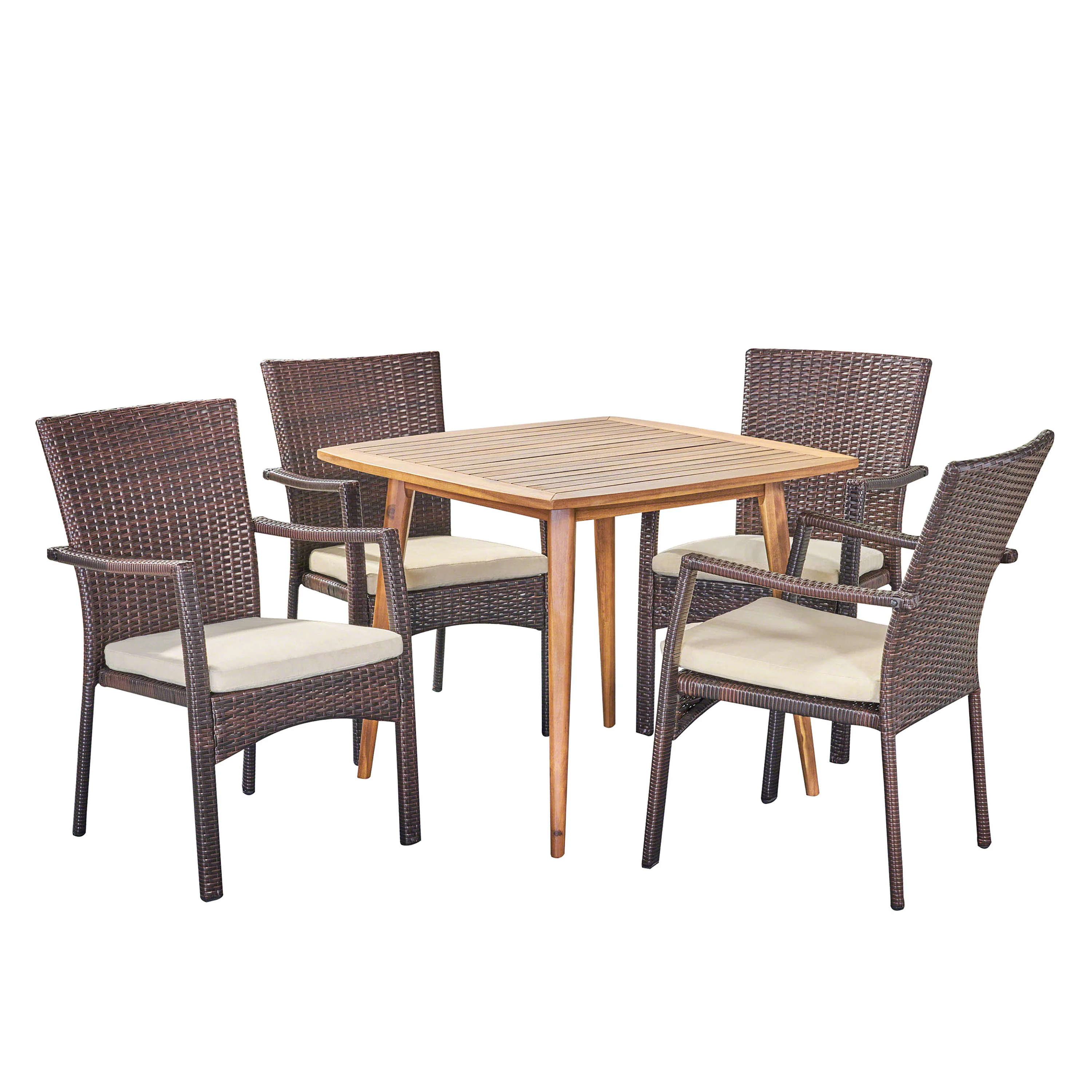 Leah Outdoor Coastal 5 Piece Wicker Dining Set with Slat-Top Acacia Wood Table - furnishings