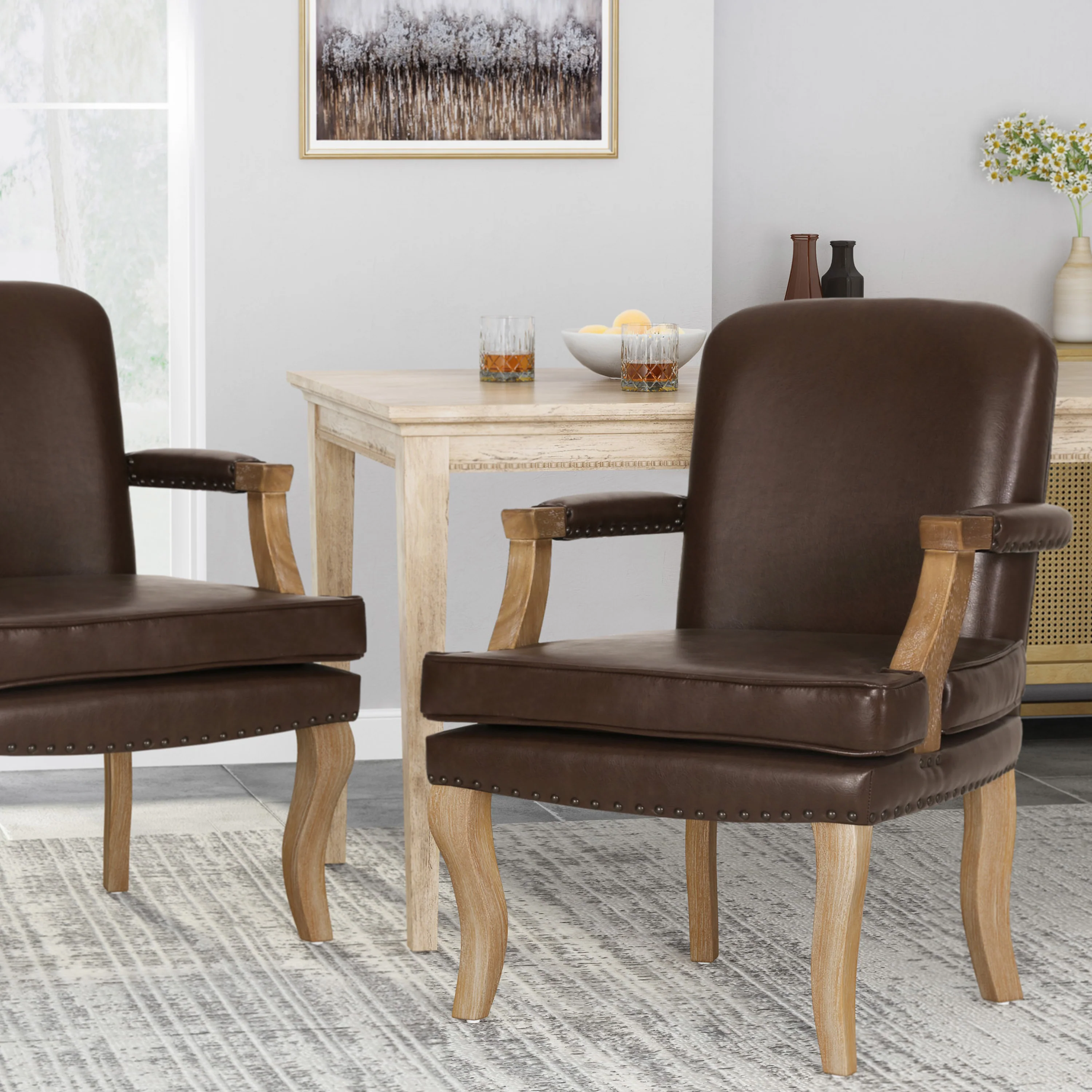 Tim French Country Upholstered Dining Arm Chair with Nailhead Trim - furnishings