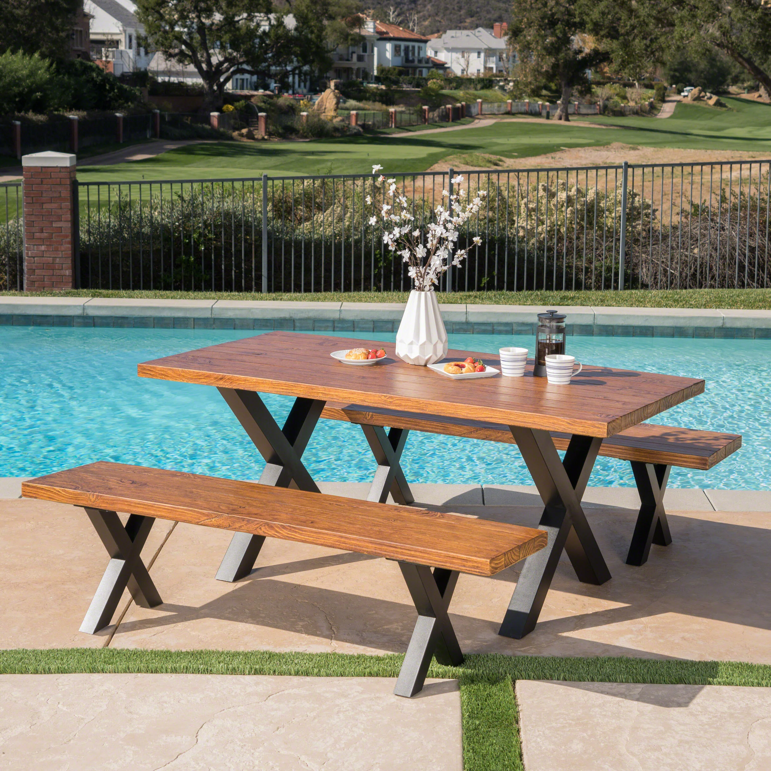 Falah Outdoor 3 Piece Brown Walnut Finish Lightweight Concrete Picnic Set - furnishings