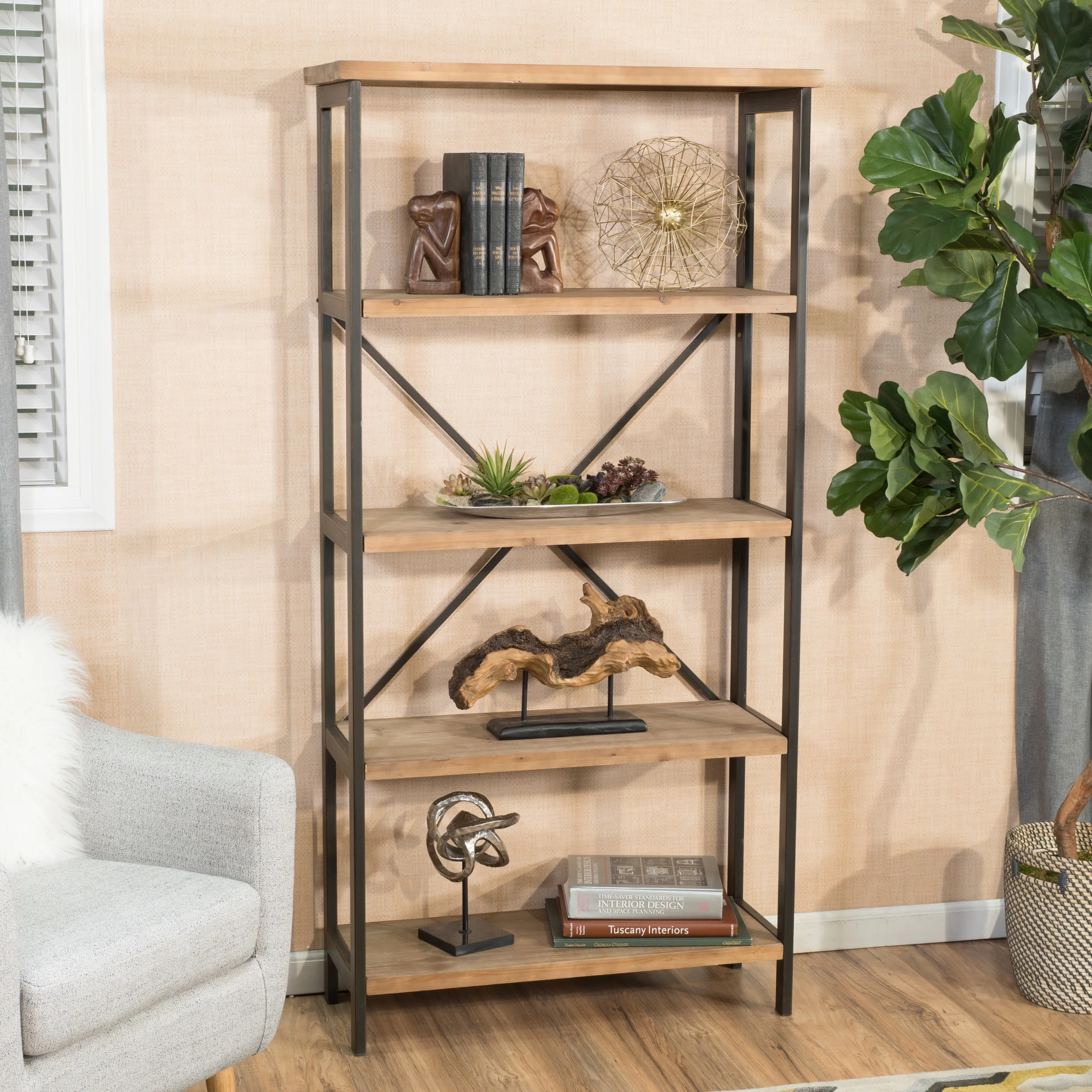 Warner Rustic 4 Shelf Wood & Metal Etagere Bookcase - furnishings