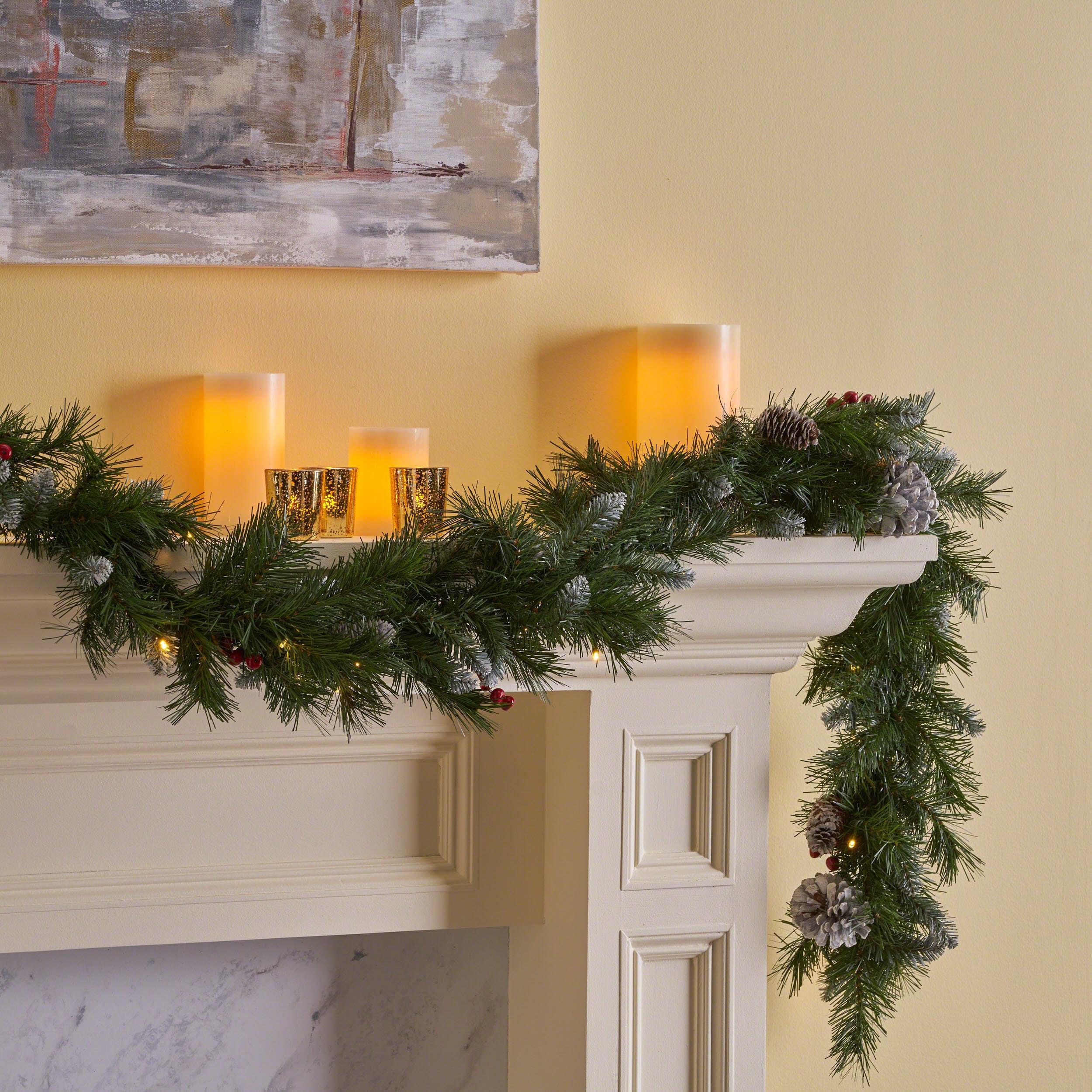 9-foot Mixed Spruce Pre-Lit Warm White LED Artificial Christmas Garland with Frosted Branches, Red Berries and Pinecones - furnishings