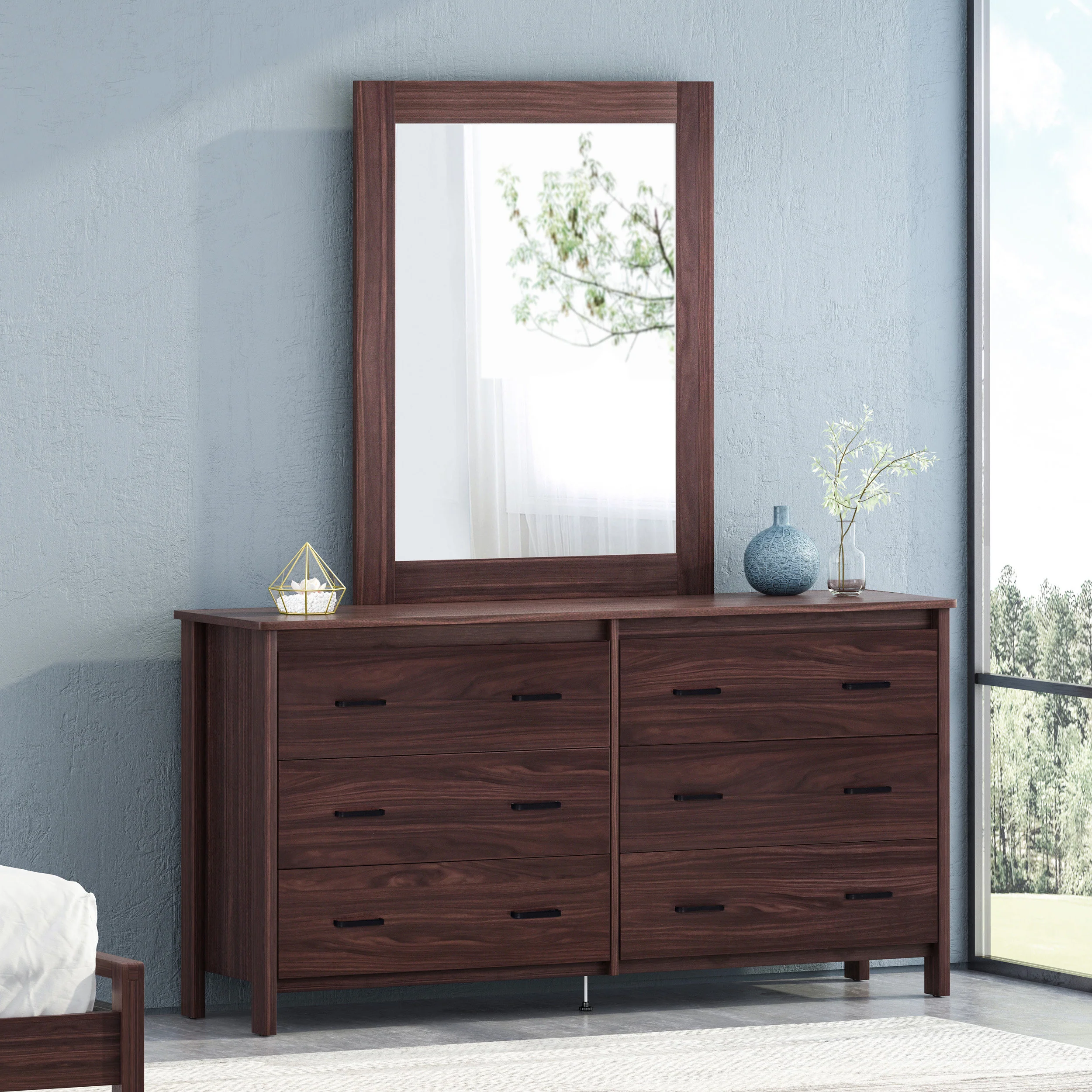 Titeca Contemporary 6 Drawer Vanity Dresser with Rectangular Mirror - furnishings
