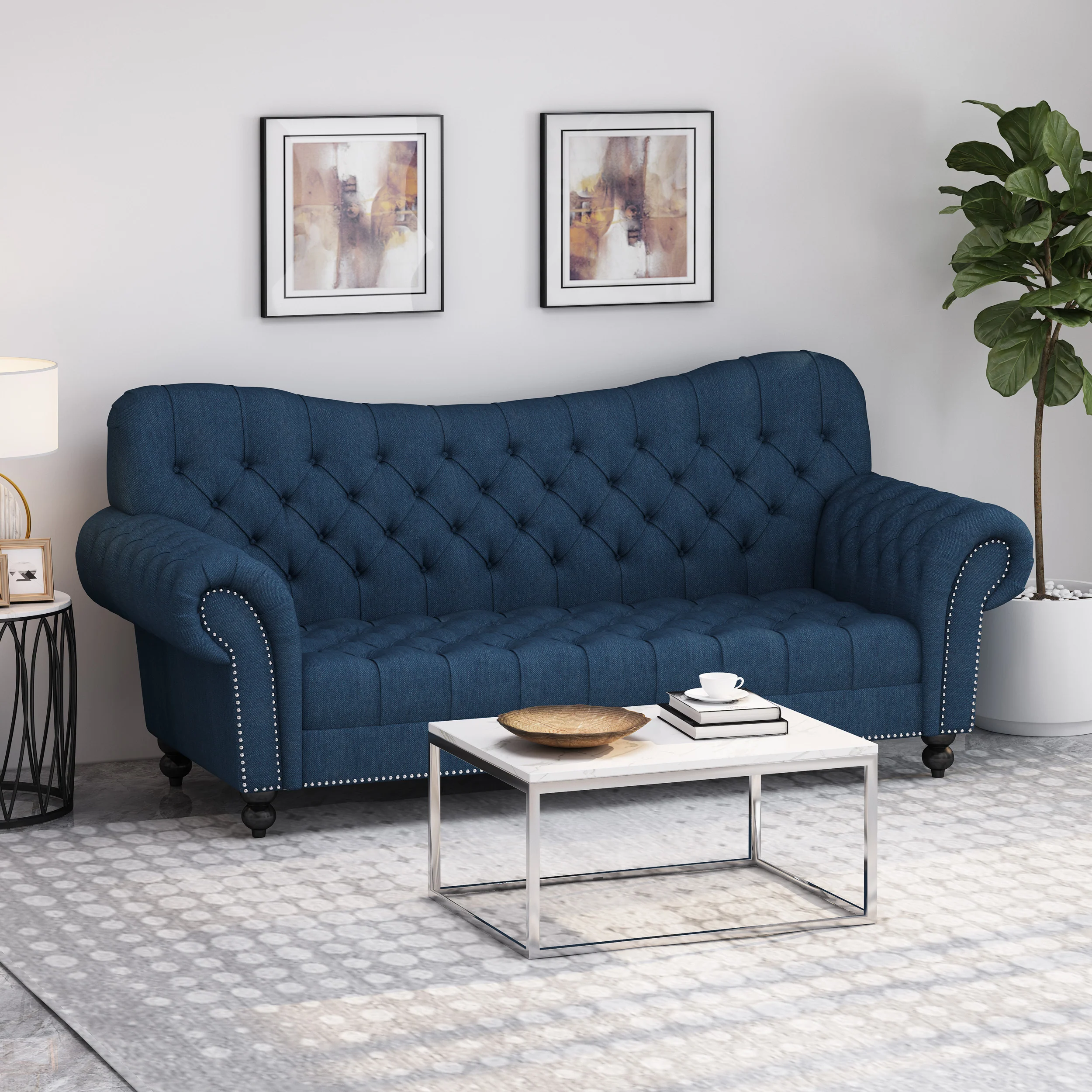 Emeric Chesterfield Button Tufted Fabric 3 Seater Sofa - furnishings