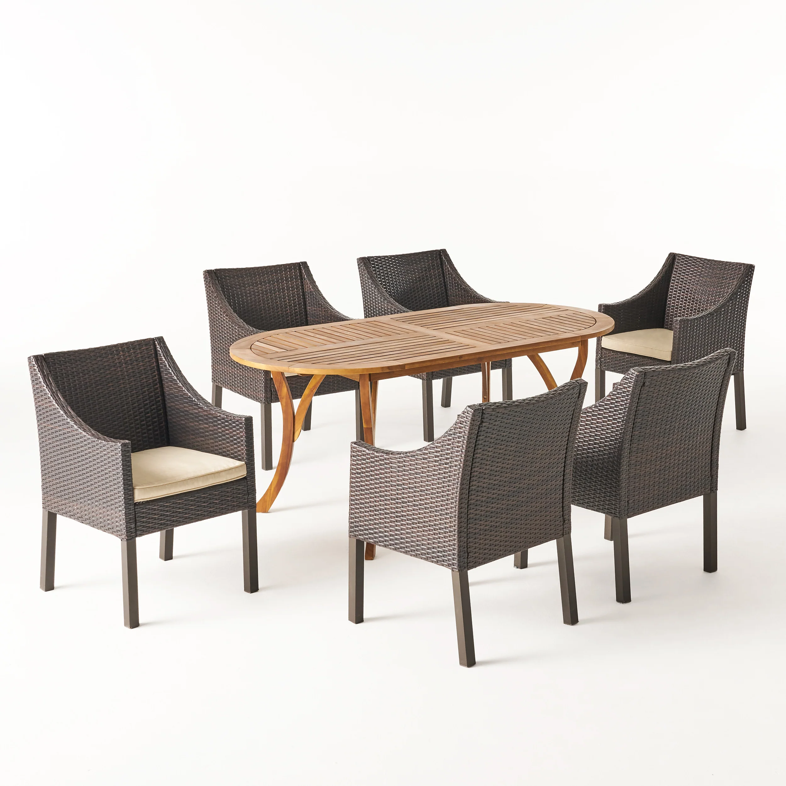 Joan Outdoor 7 Piece Acacia Wood and Wicker Dining Set, Teak with Multi Brown Chairs - furnishings