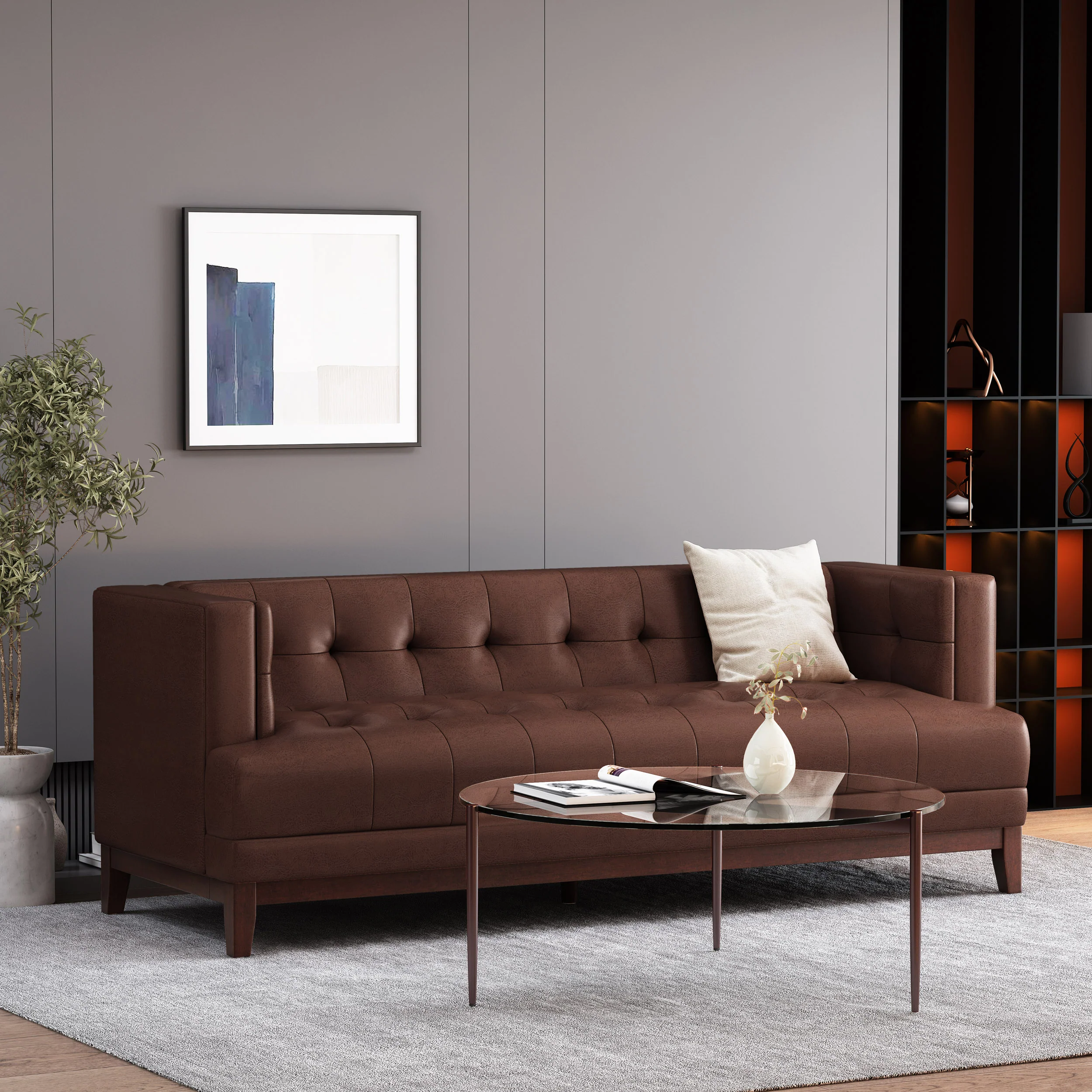 Stefan Mid Century Modern Faux Leather Tufted 3 Seater Sofa - furnishings