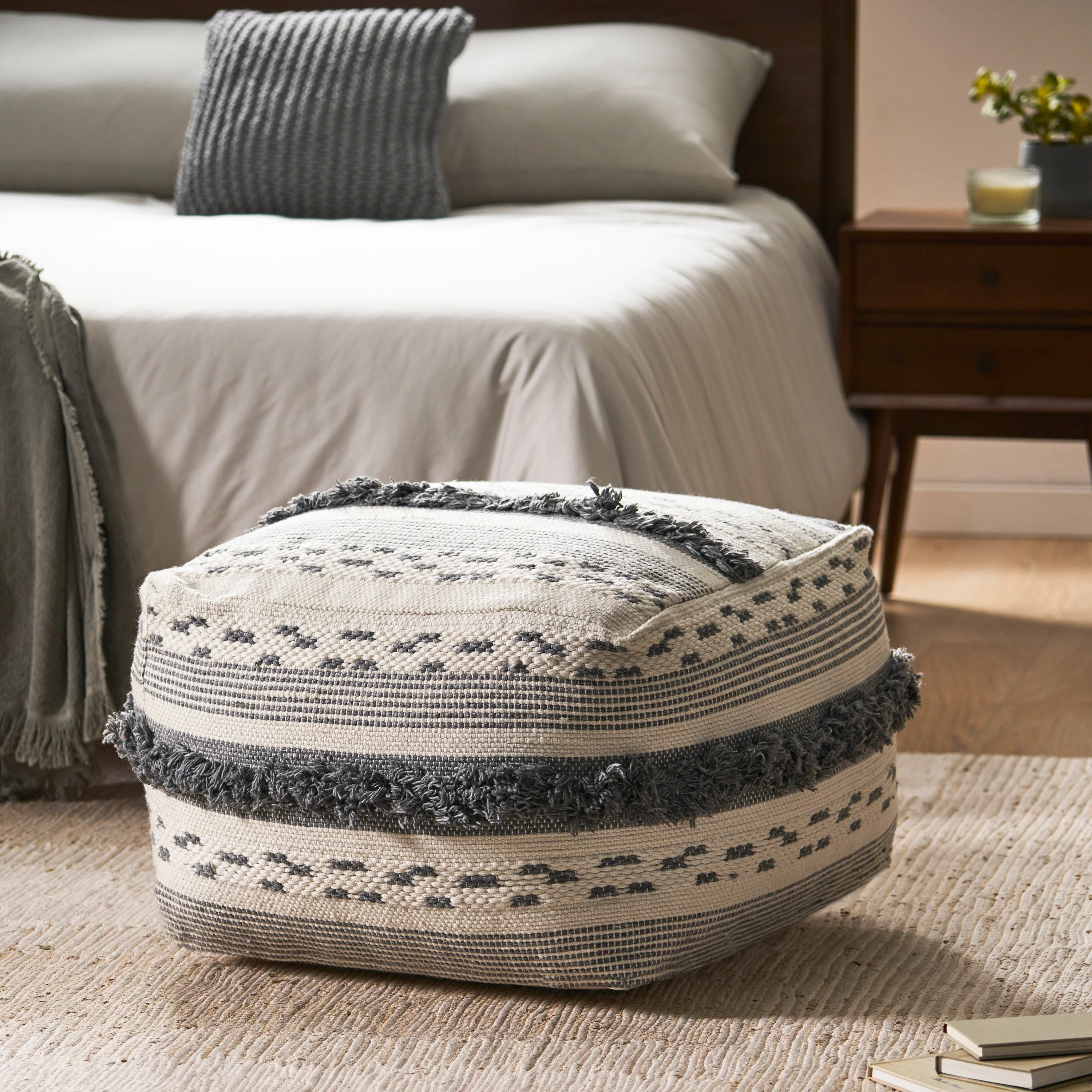 Evanora Contemporary Faux Yarn Pouf Ottoman - furnishings