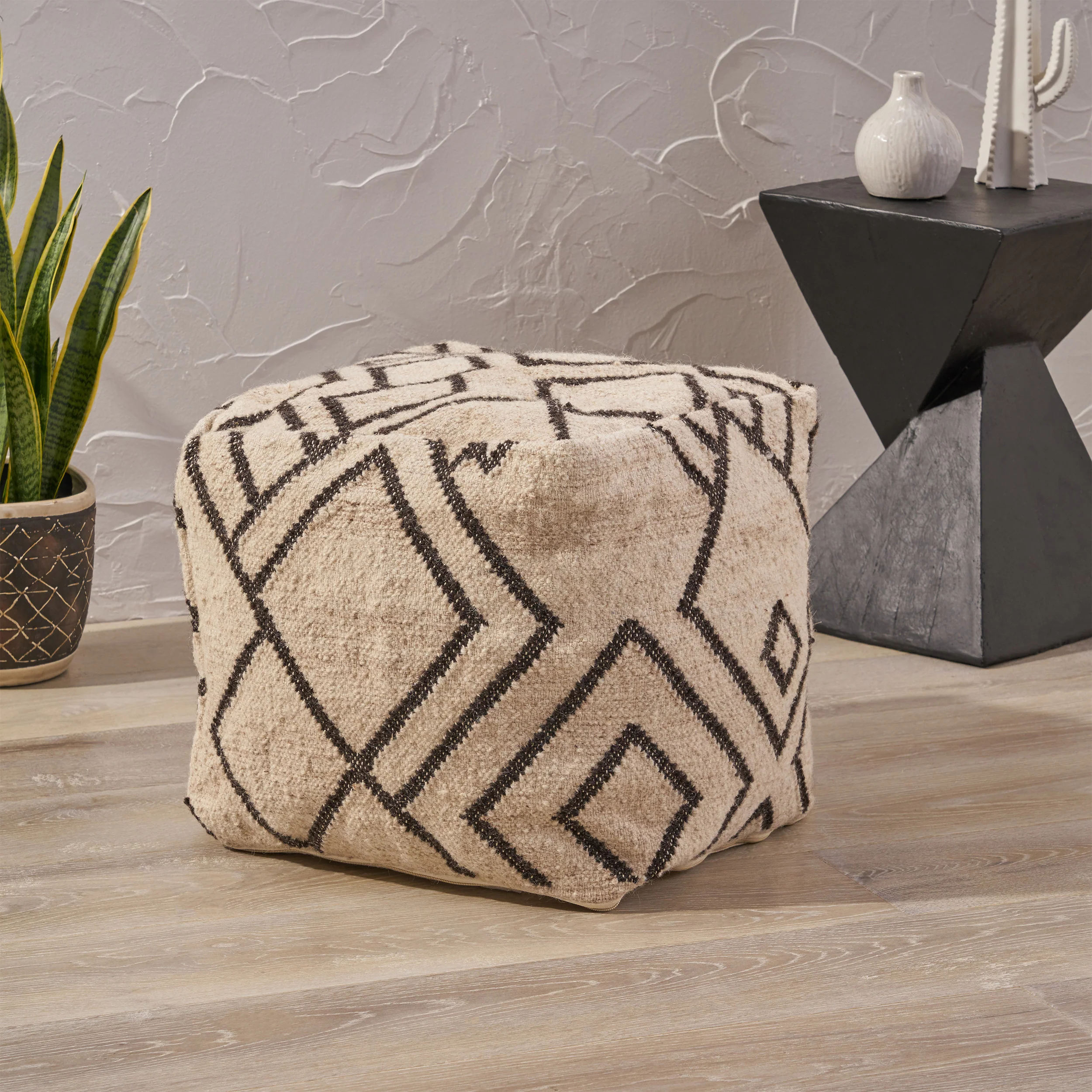 Lucciano Boho Wool and Cotton Ottoman Pouf - furnishings
