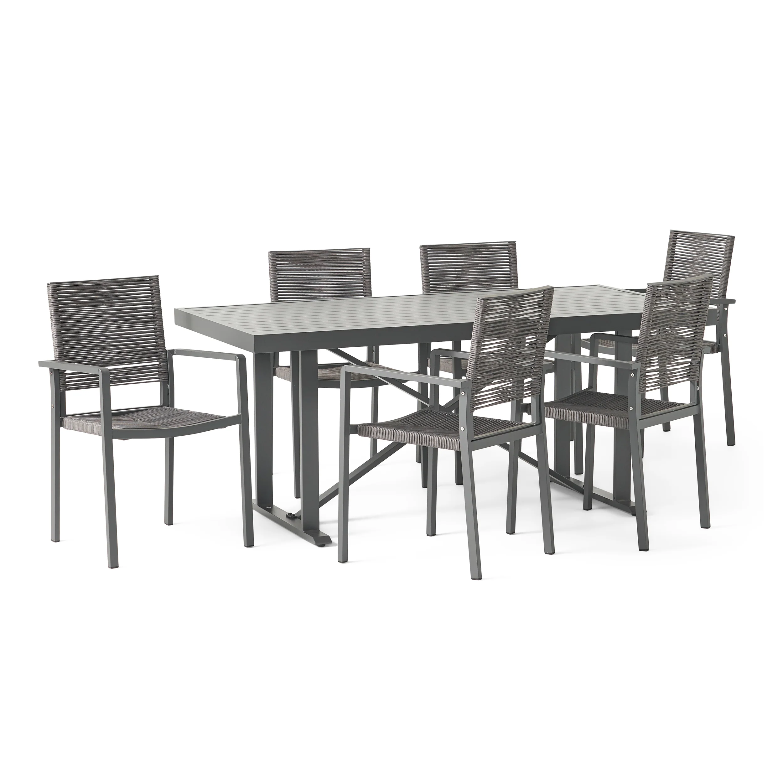 Aponaug Outdoor Modern Industrial Aluminum 7 Piece Dining Set with Rope Seating - furnishings