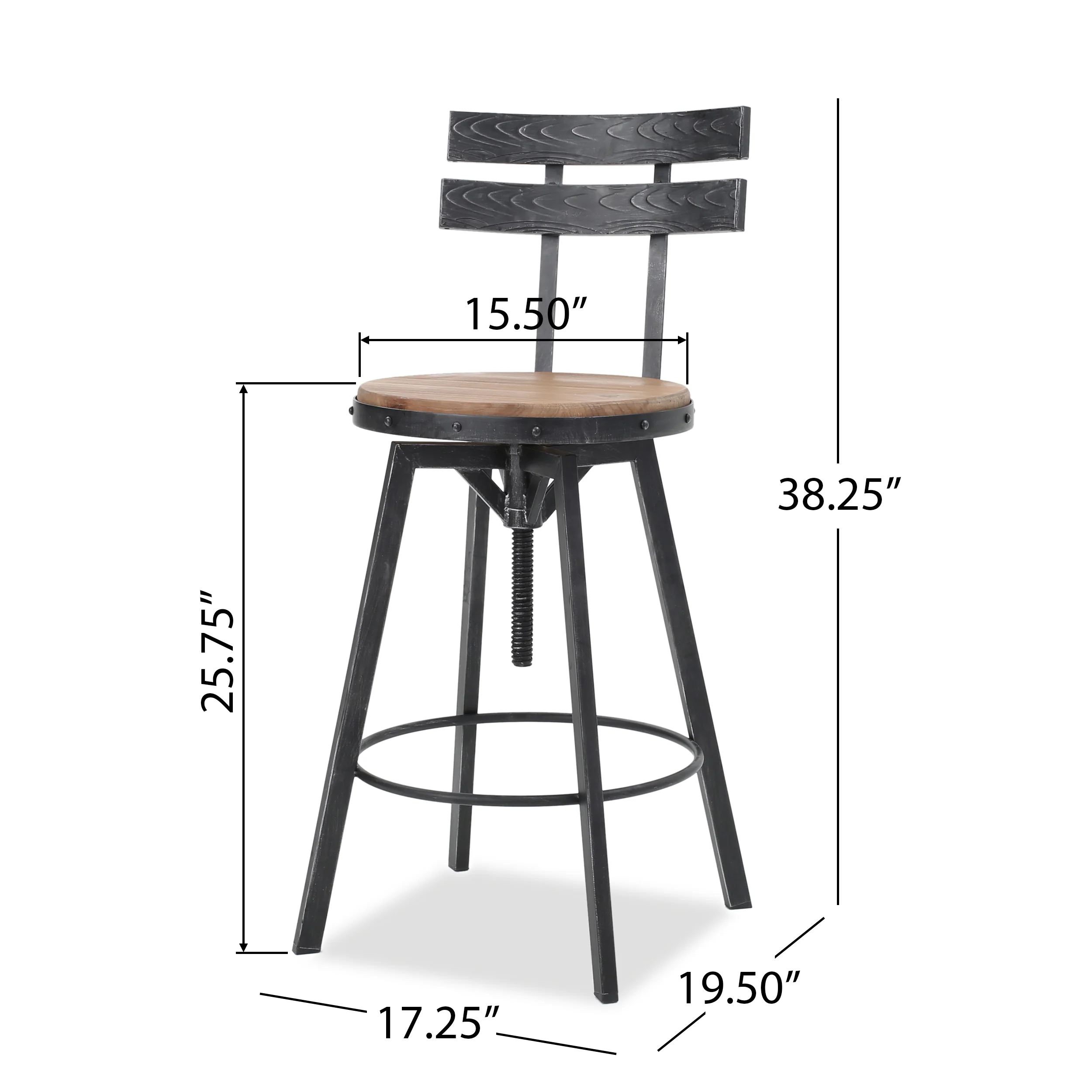 Theo Modern Industrial Firwood Adjustable Height Swivel Barstools, Set of 2, Natural and Black Brushed Silver - furnishings