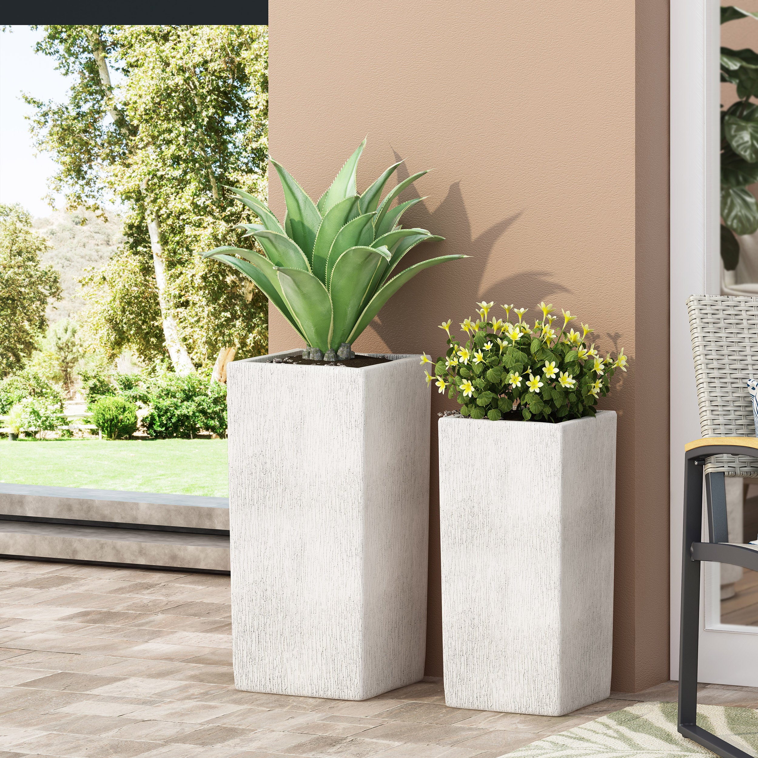 Severino Outdoor Medium and Large Cast Stone Planter Set, Antique White - furnishings