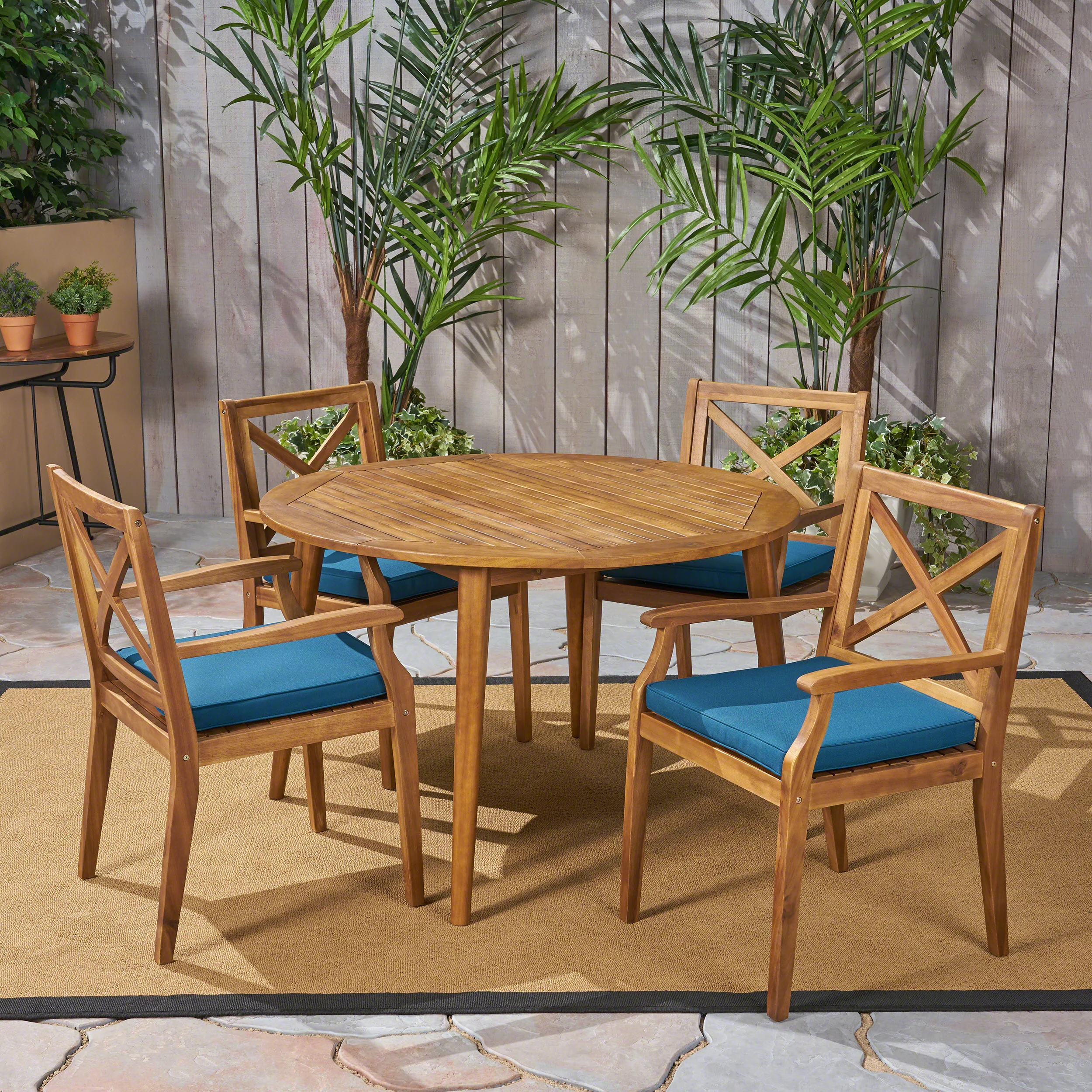 Jenson Outdoor 5 Piece Acacia Wood Dining Set with Cushions - furnishings