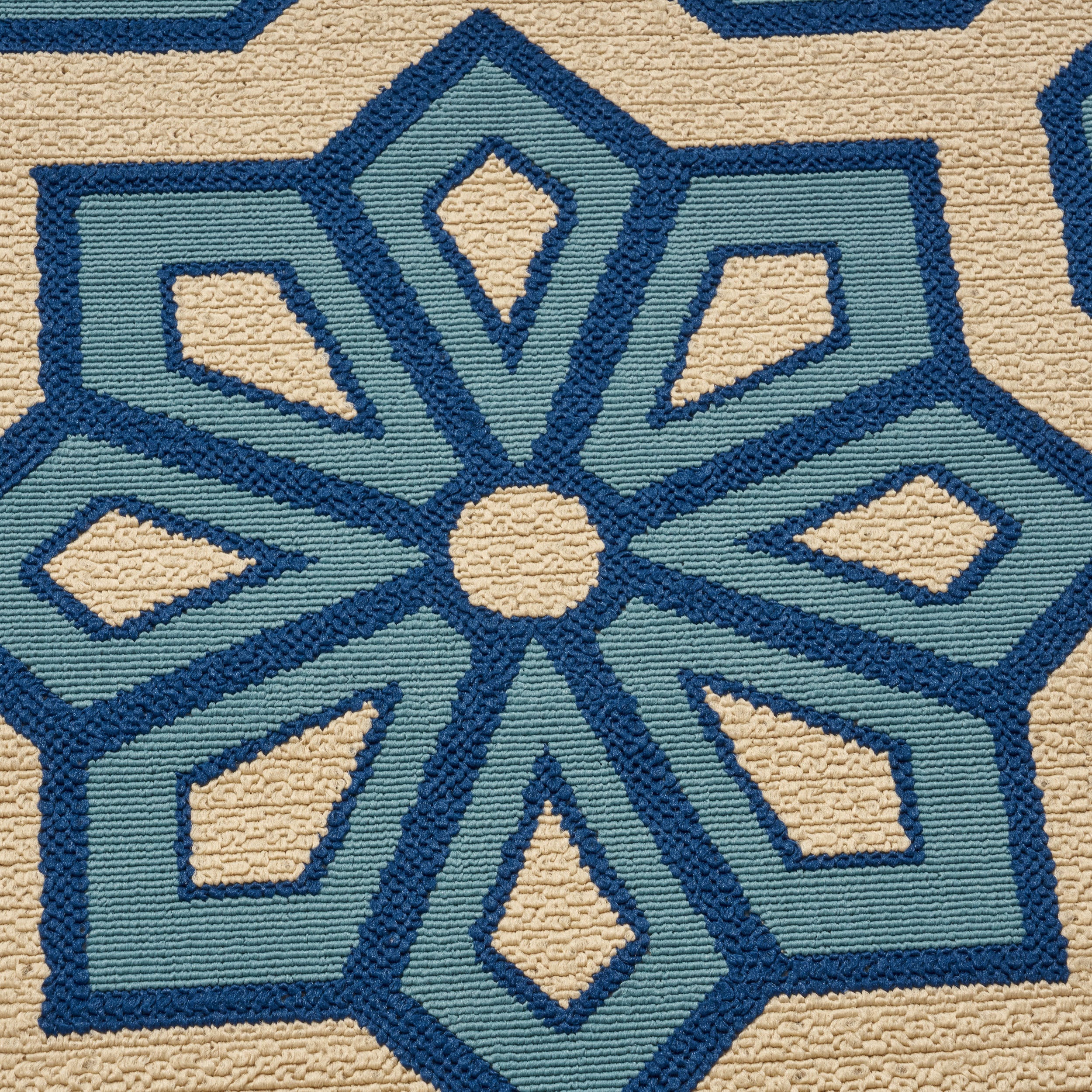 Jacobs Outdoor Geometric Floral Ivory and Blue Rectangular Area Rug - furnishings