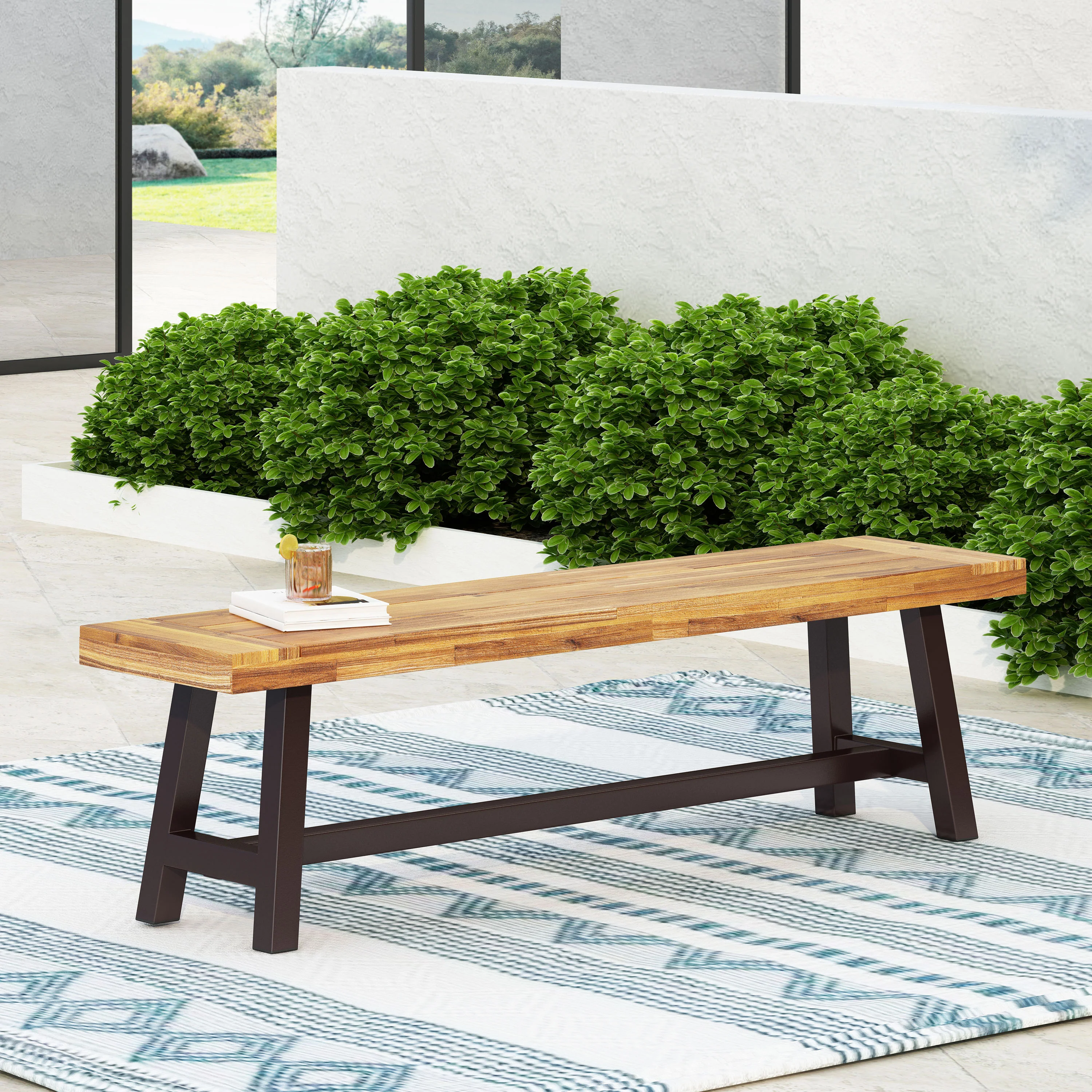 Bowman Outdoor Sandblack Finish Acacia Wood & Rustic Metal Bench - furnishings