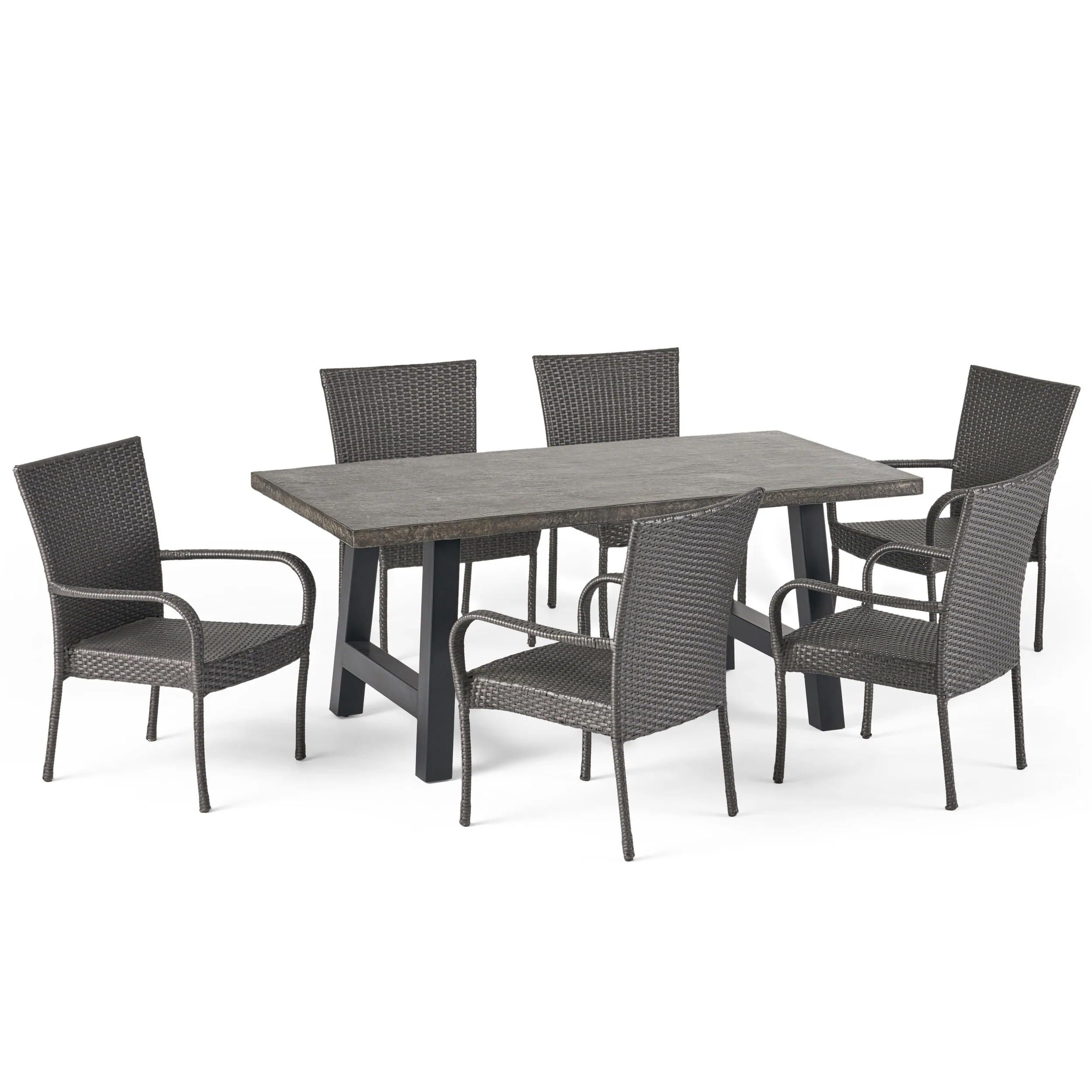 Blease Outdoor 7 Piece Stacking Gray Wicker and Concrete Dining Set - furnishings