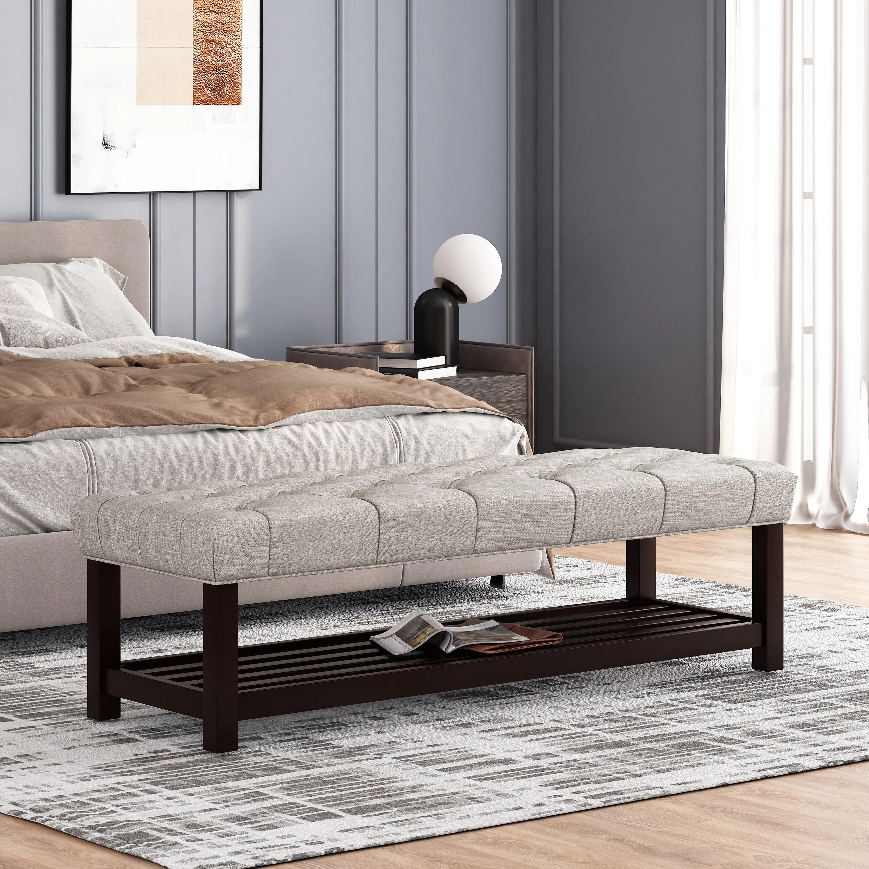 Pelon Contemporary Button Tufted Bench with Shelf - furnishings
