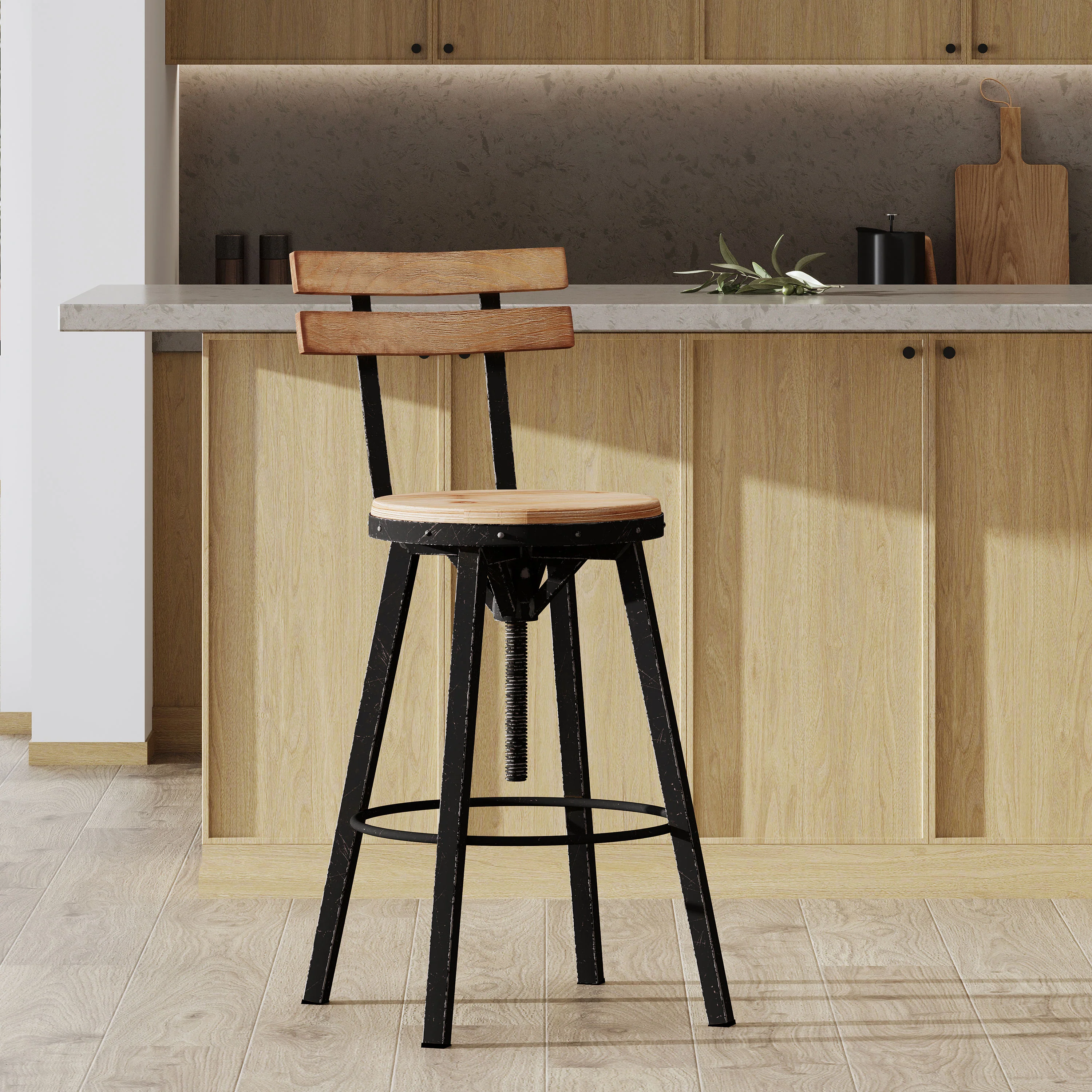 Poe Anique Finish Firwood Height Adjustable Bar Stool - furnishings