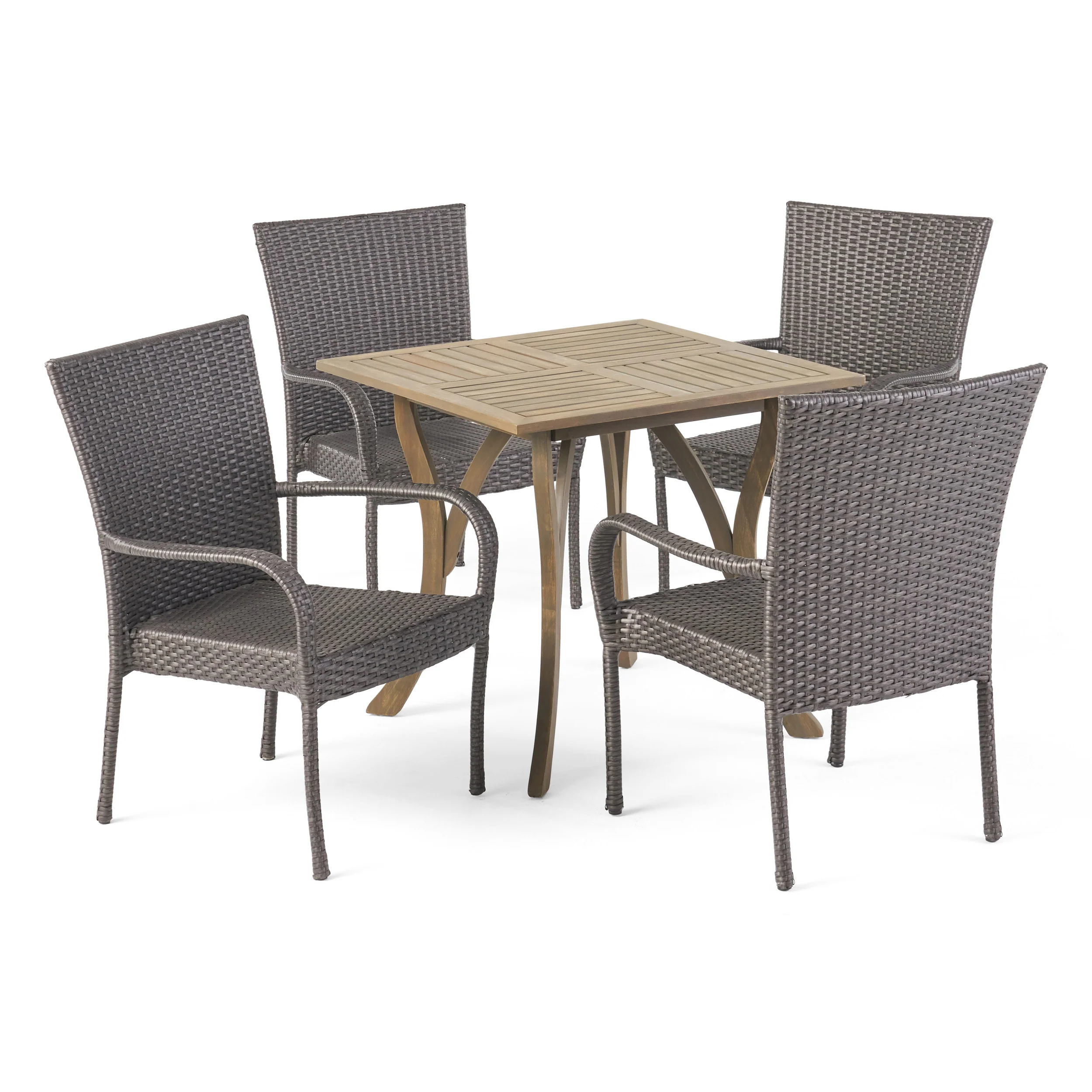 Lebeau Outdoor 5 Piece Acacia Wood/ Wicker Dining Set, Teak Finish and Multibrown - furnishings